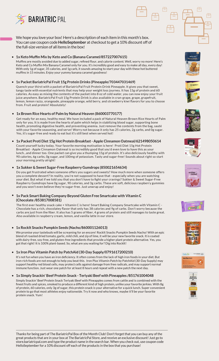 A colorful product list displays various healthy snacks and meal options, including protein drinks, oatmeal, and gummies, with descriptions highlighting their nutritional benefits and flavors.
