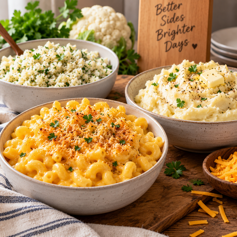 Three bowls of prepared food on a wooden table: a large bowl of macaroni with cheese and herb garnish in the foreground, a bowl of mashed potatoes with butter and herbs on the right, and a bowl of couscous on the left. A wooden sign reading 'Better Sides Brighter Days' stands behind the dishes, with parsley, cauliflower, and shredded cheese visible around the setup.
