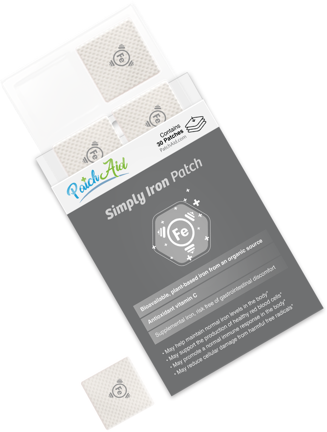 A pack of Simply Iron Patches from PatchAid, featuring a transparent section showing two white patches with an iron symbol, is displayed against a dark background with product information on the packaging.