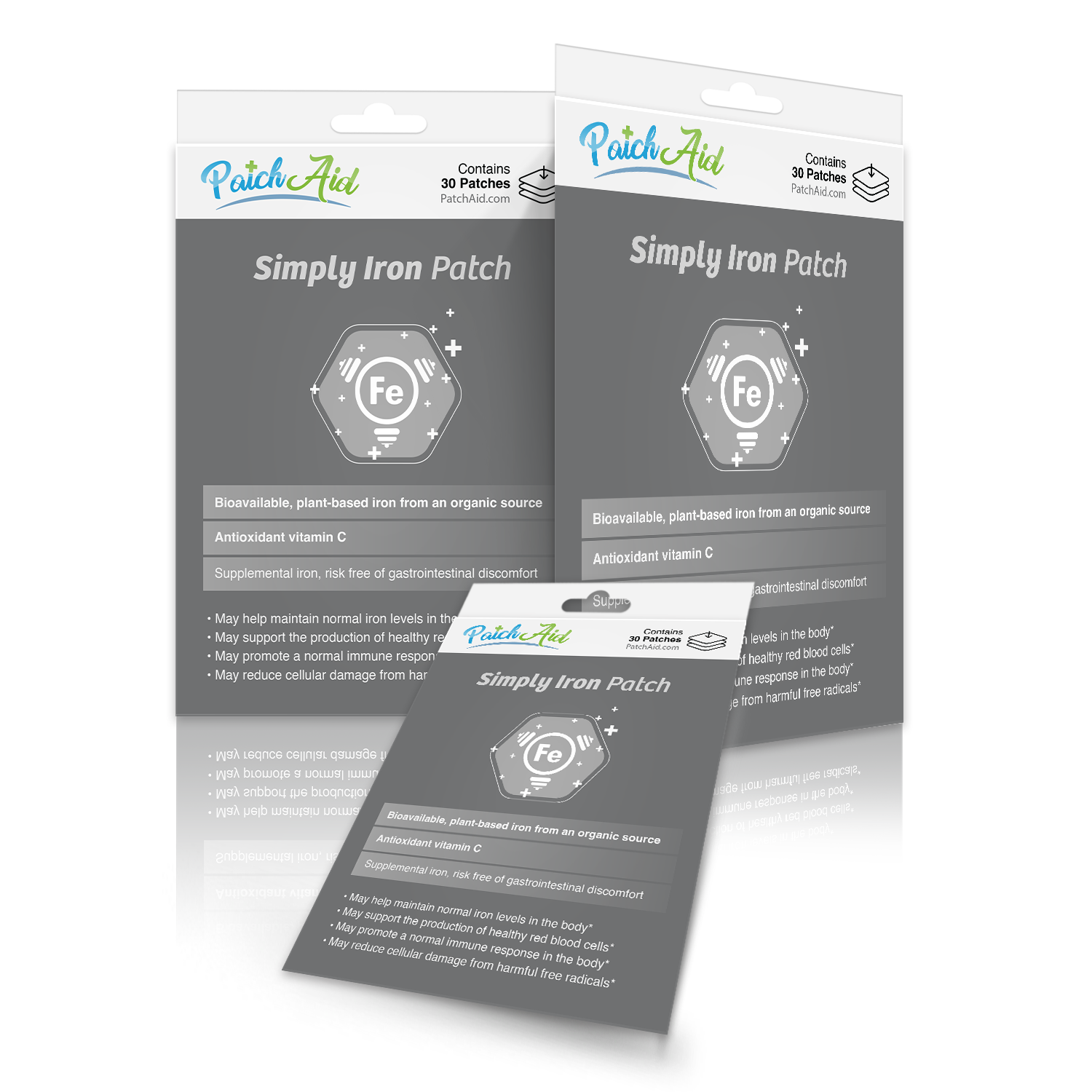 Three packages of Simply Iron Patch by PatchAid are displayed, featuring a dark background with white text highlighting benefits like bioavailability, vitamin C, and iron supplementation for health support.