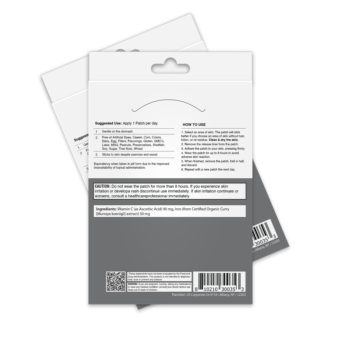 The back of a product package displays usage instructions for a skin patch, including cautions, suggested use, and ingredient details, with a clean, modern design and a barcode at the bottom.