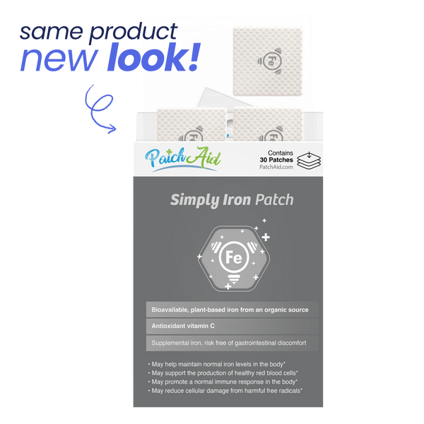 A box of Simply Iron Patches from PatchAid displays a new design, featuring a hexagonal icon with "Fe," highlighting benefits like bioavailable iron and antioxidant vitamin C, with 30 patches included.