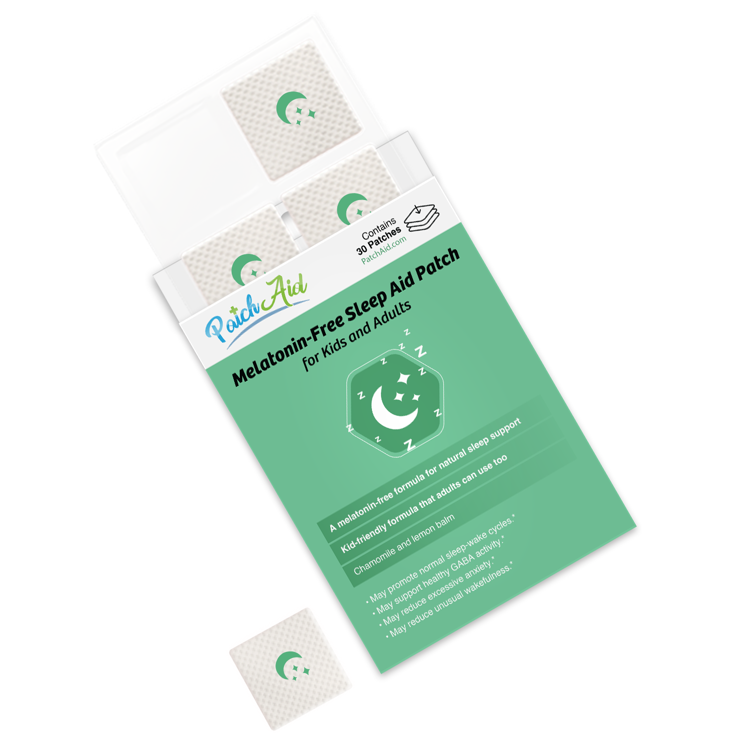 A box of melatonin-free sleep aid patches for kids and adults is displayed, featuring a green design with a crescent moon and stars, highlighting its natural sleep support benefits.