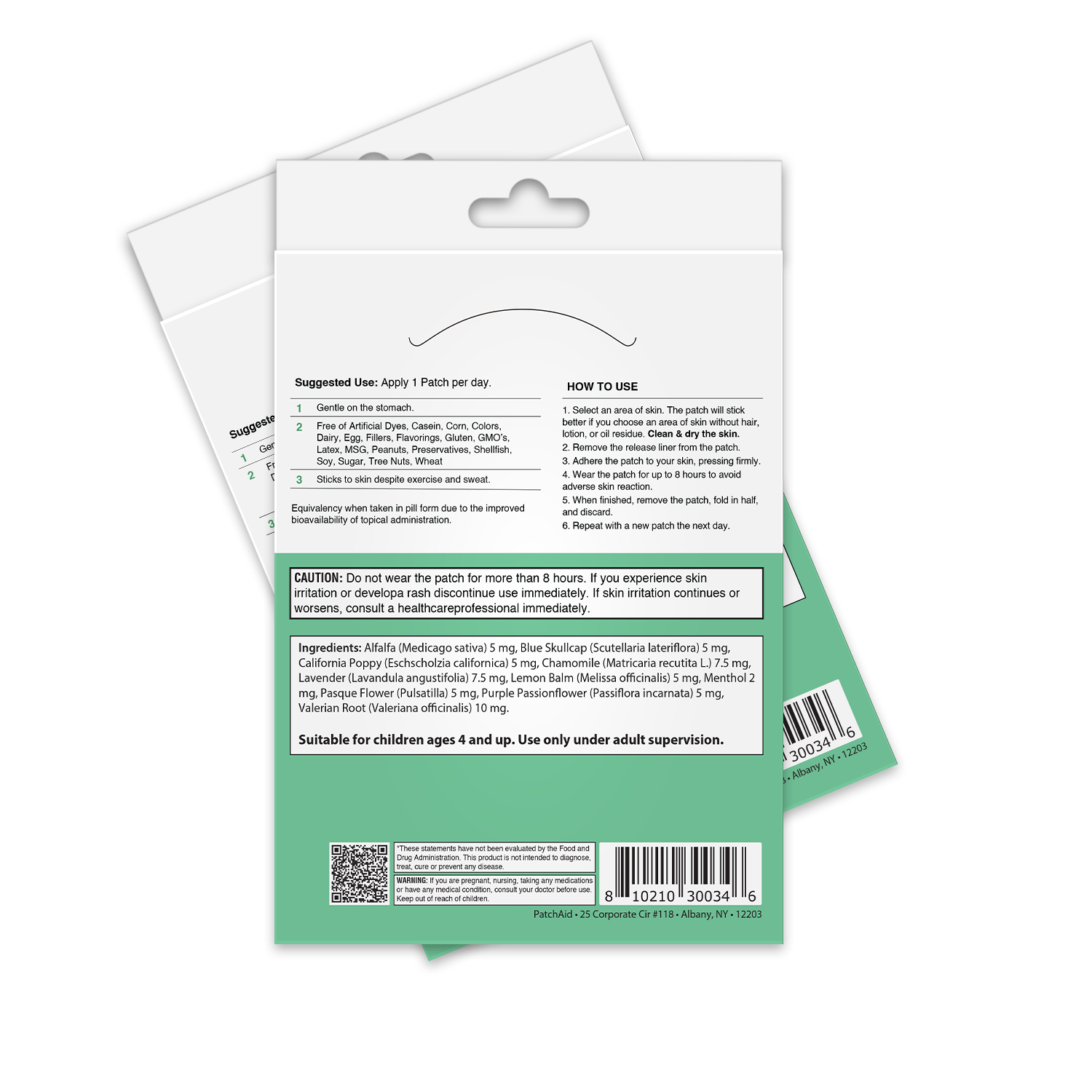 The image shows the back of a product package for a patch, detailing usage instructions, ingredients, and safety warnings, with a green and white design and text in English.