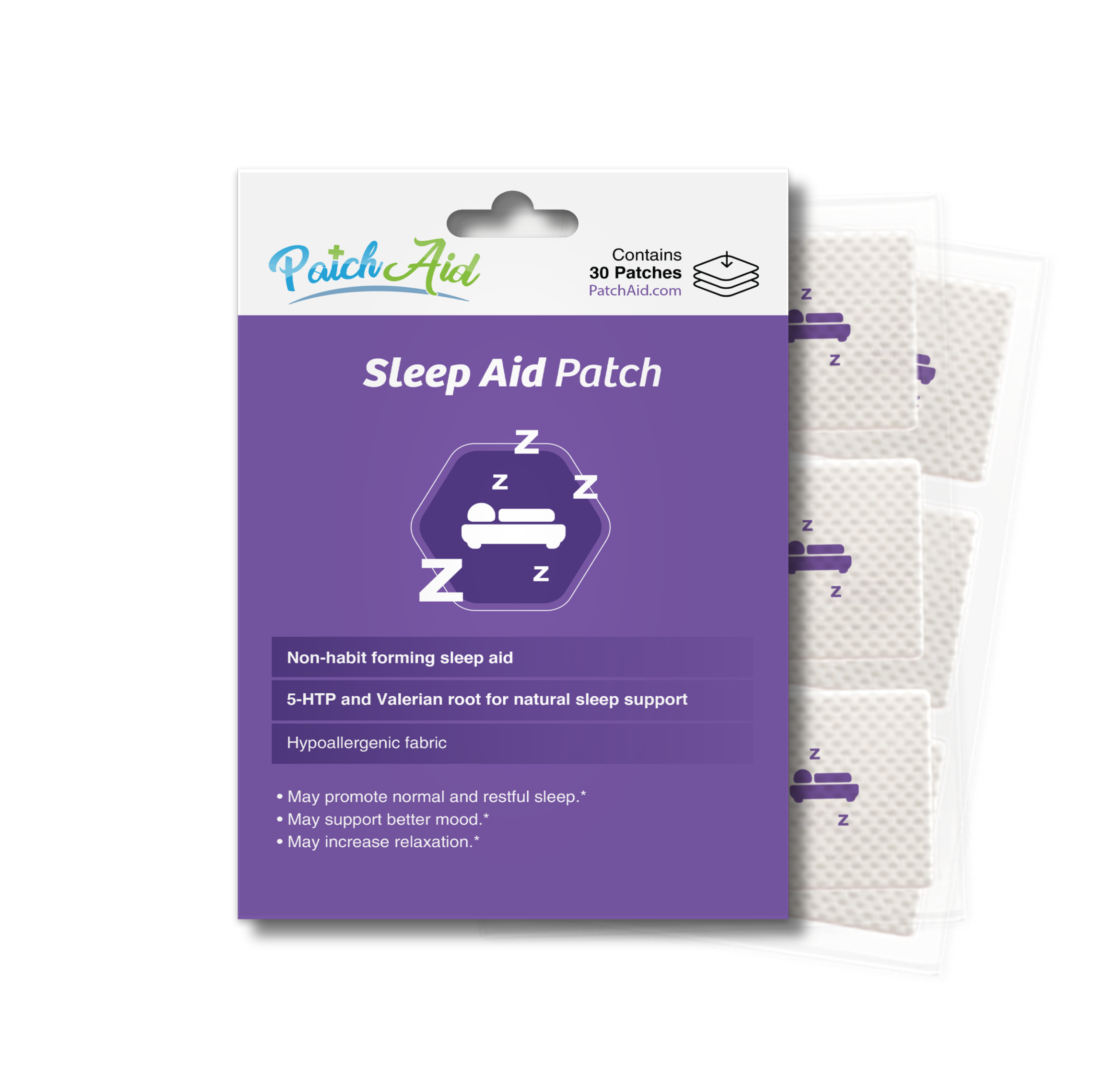 PatchAid Sleep Aid Patches with 5-HTP and valerian root for natural sleep support. Contains 30 hypoallergenic, non-habit-forming patches.