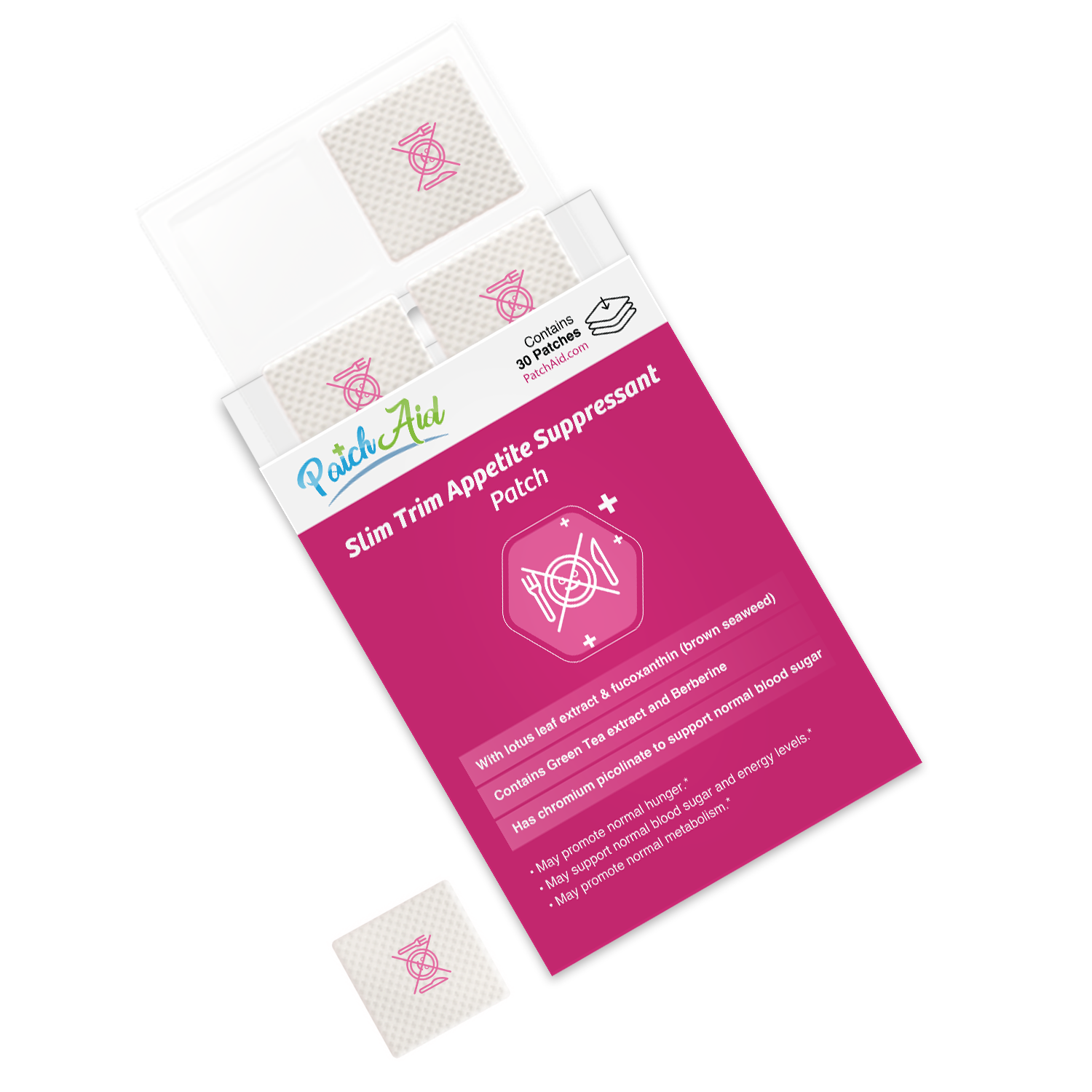 A pink box labeled "Slim Trim Appetite Suppressant Patch" displays two patches inside, highlighting ingredients like lotus leaf extract and green tea, designed for appetite control and metabolism support.