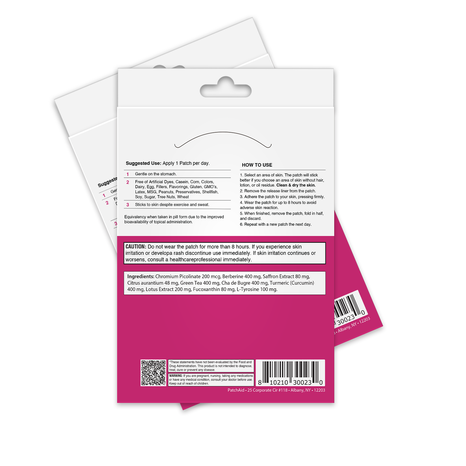 The back of a product packaging displays instructions for using a skin patch, including suggested use, ingredients, and cautionary notes, with a colorful design and clear text layout.