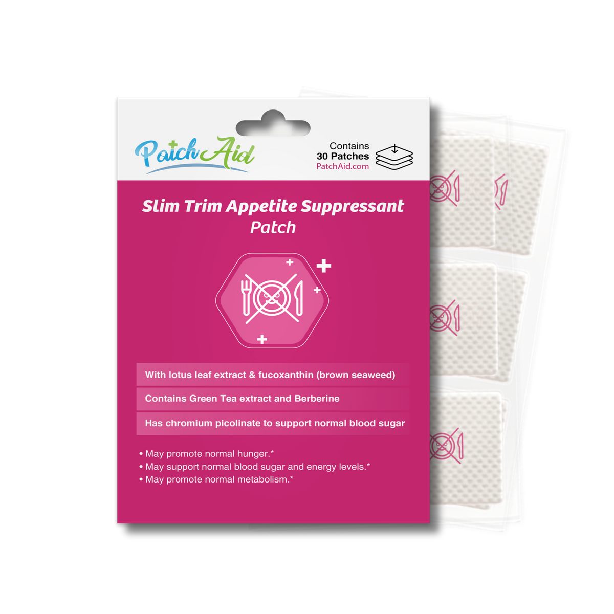 Slim Trim Appetite Suppressant Patches with lotus leaf, fucoxanthin, green tea, berberine and chromium picolinate. Contains 30 patches.