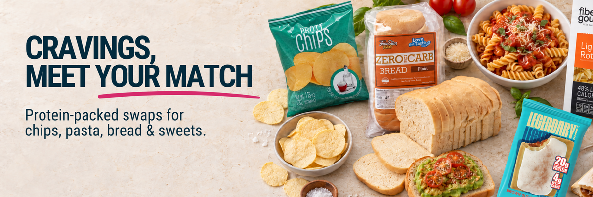 A variety of protein-packed food products, including chips, bread, and pasta, are displayed on a light surface, promoting healthier alternatives to traditional snacks and meals.