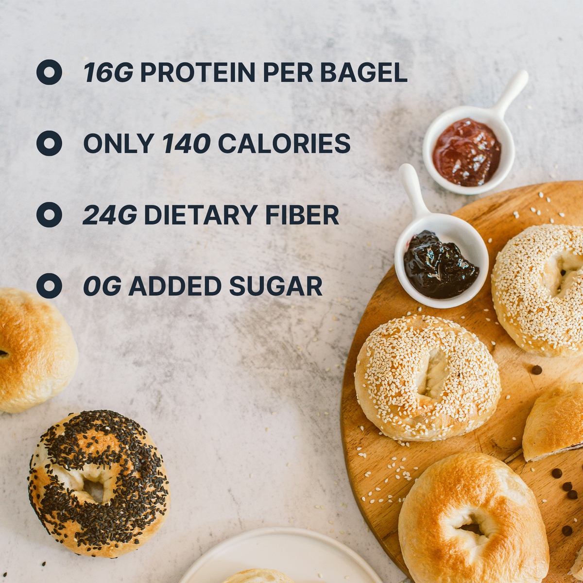 Sola Bagels - 16 grams of protein per bagel. 