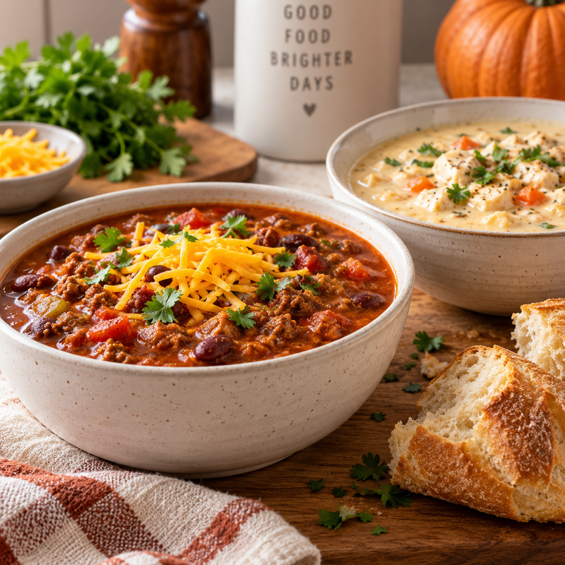 Two ceramic bowls of soup on a wooden table, with a bowl of chili in the foreground topped with shredded cheese and cilantro, a bowl of creamy chicken noodle soup behind it, bread slices, parsley, a small pumpkin, and a mug that reads 'GOOD FOOD BRIGHTER DAYS'.