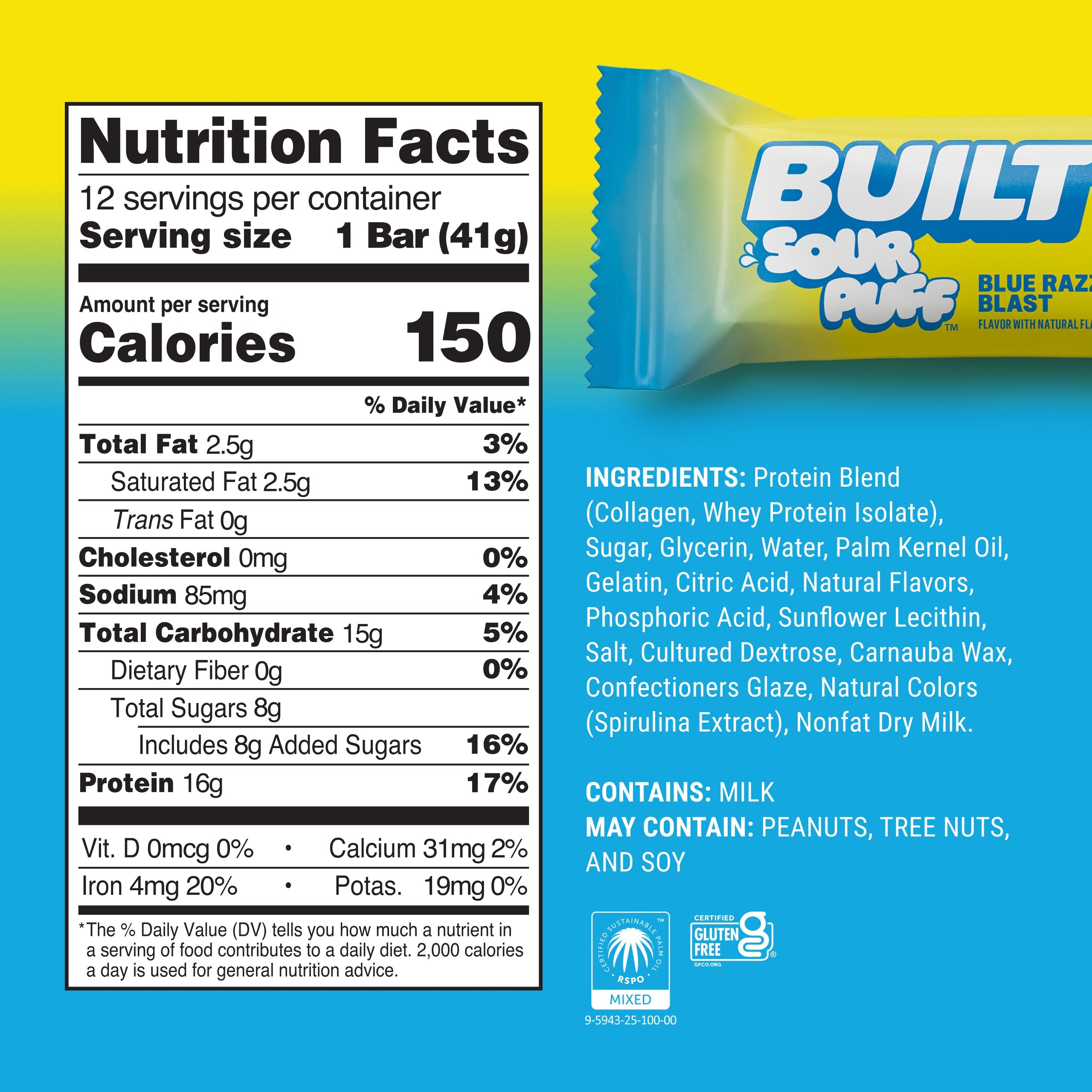 A colorful nutrition facts label for a "Built Sour Puff Blue Razz Blast" protein bar, displaying serving size, calories, ingredients, and dietary information against a bright yellow background.