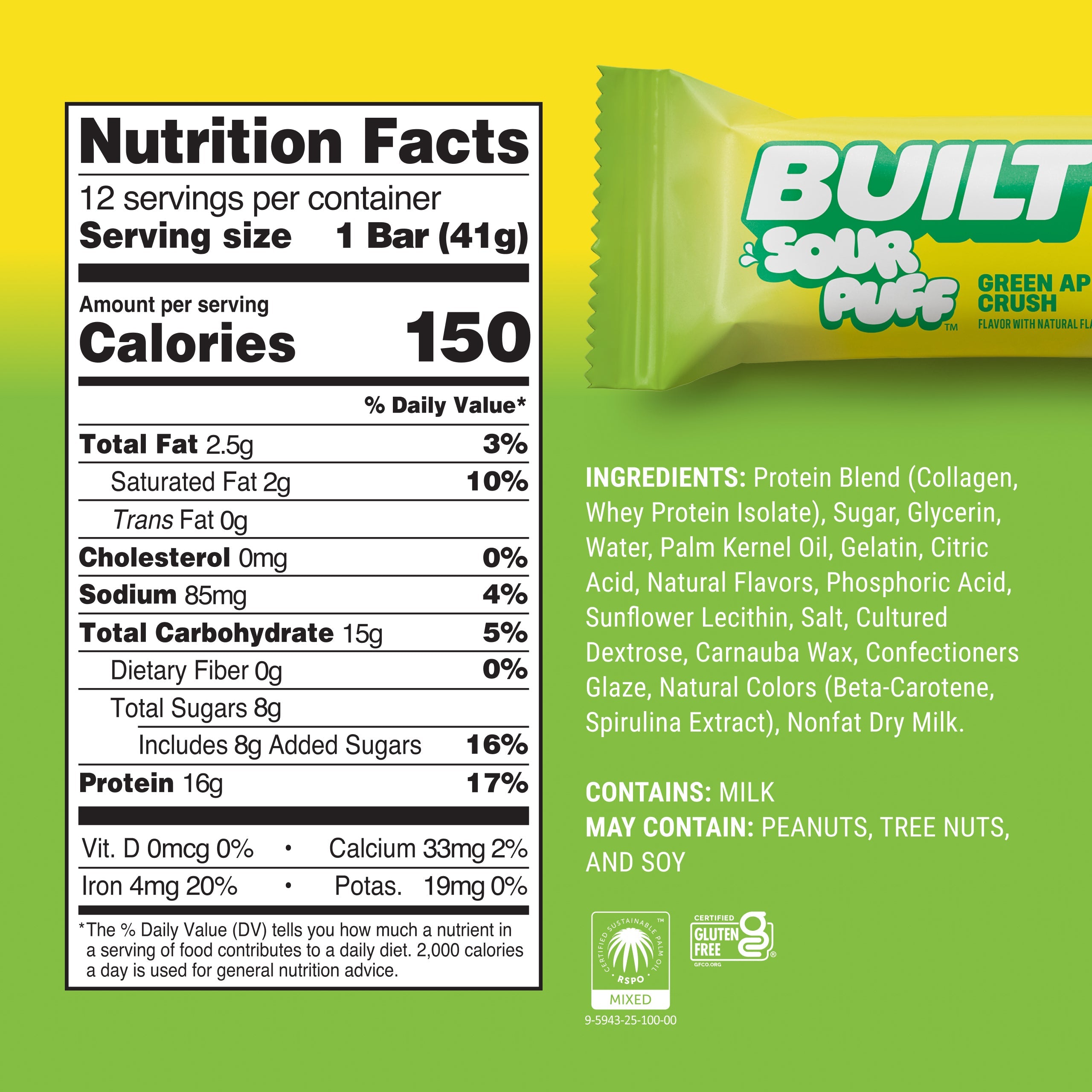 A nutrition facts label for a "Built Sour Puff" green apple-flavored protein bar displays serving size, calories, and detailed ingredients, set against a bright yellow background.