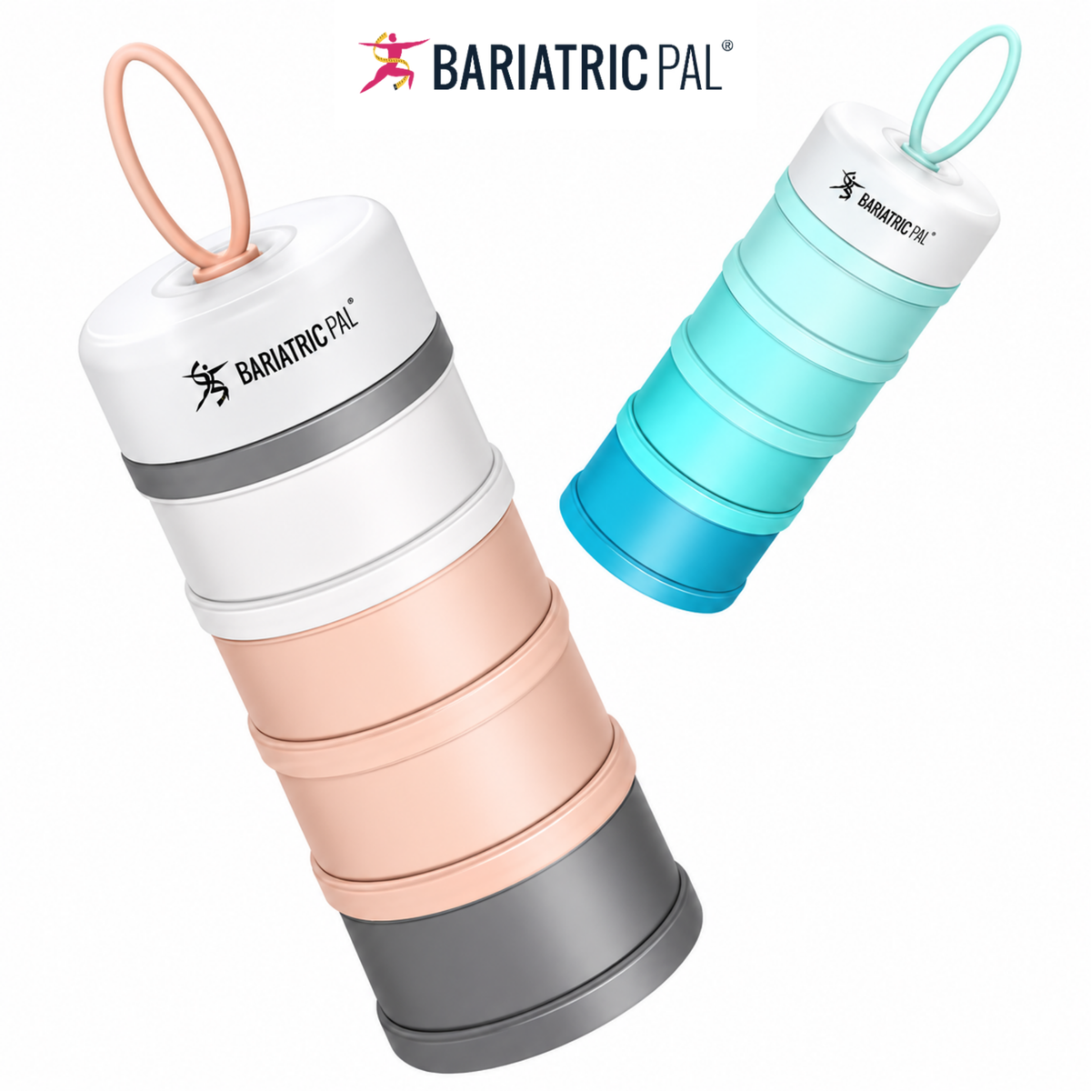 4 Compartment Detachable, Stackable, and Portion Controlled Food & Powder Storage Containers by BariatricPal - Pink & Blue Set - High-quality Lunch Box by BariatricPal at BariatricPal Store