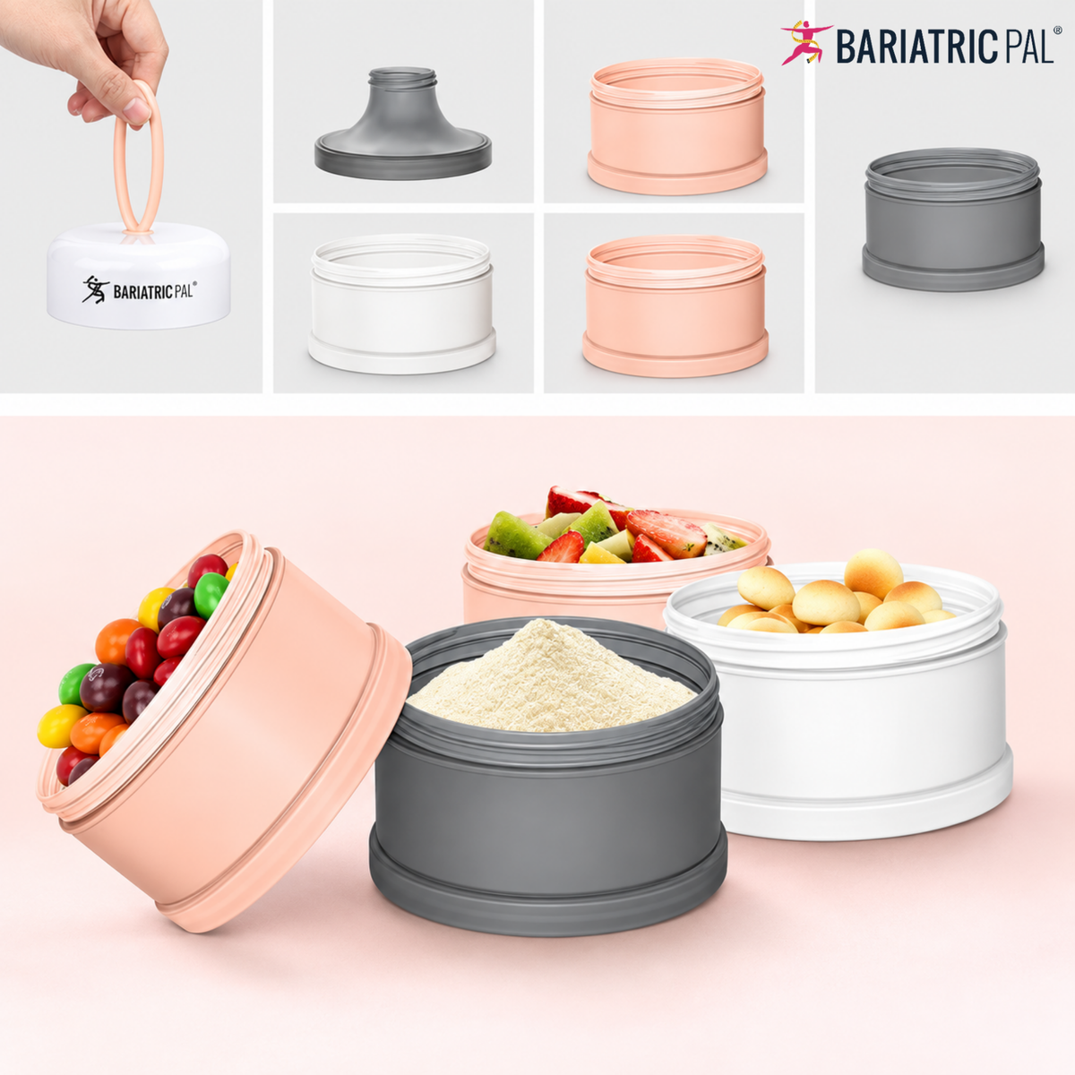 4 Compartment Detachable, Stackable, and Portion Controlled Food & Powder Storage Containers by BariatricPal - Pink & Blue Set - High-quality Lunch Box by BariatricPal at BariatricPal Store