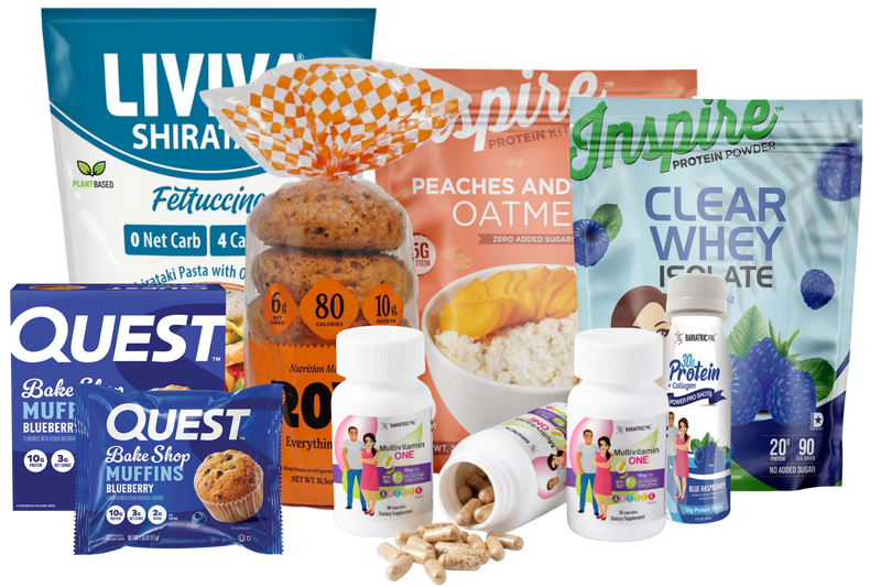 A collection of health and nutrition products including protein powders, muffins, and dietary supplements, arranged together with labels highlighting their nutritional benefits and flavors.