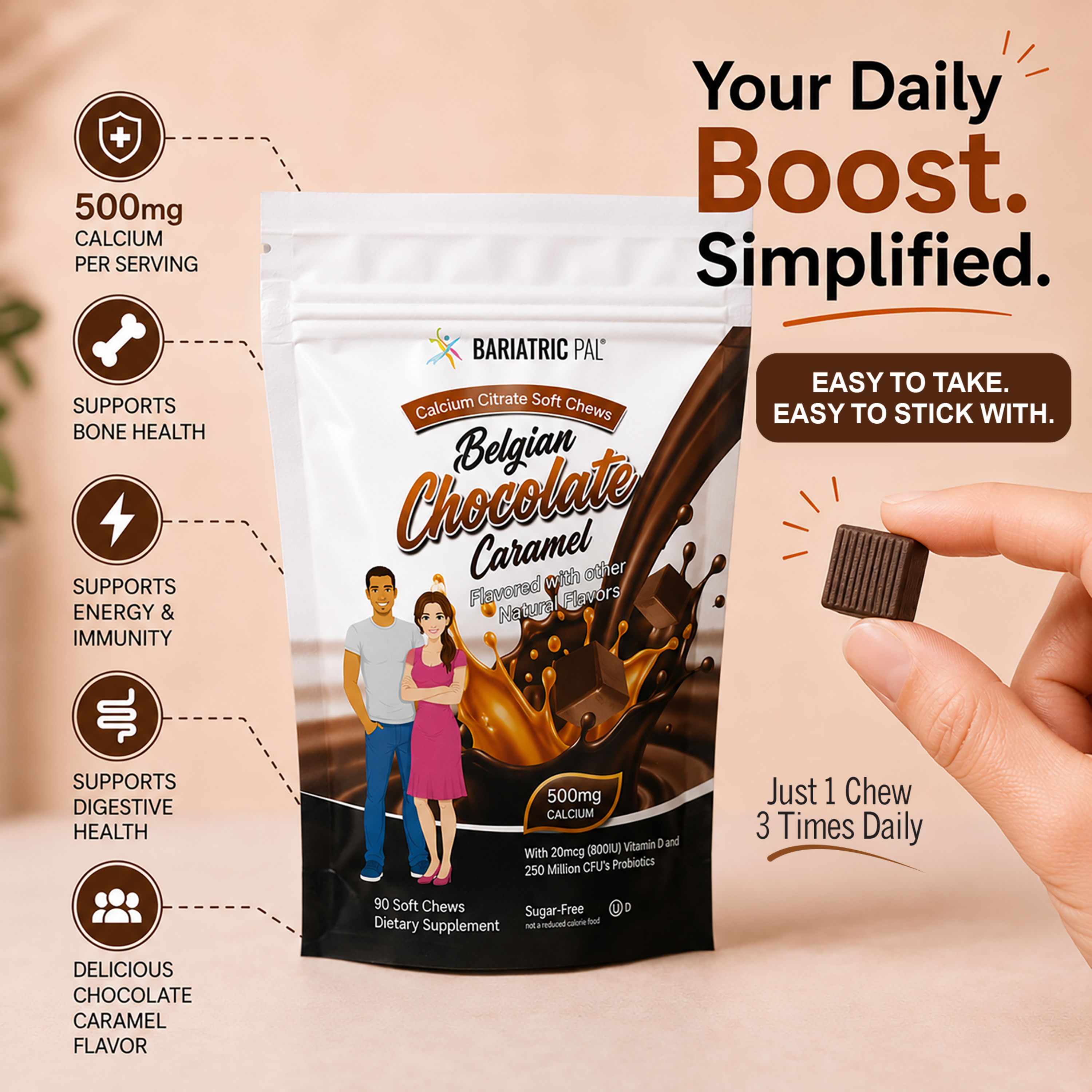 A hand holds a chocolate caramel soft chew in front of a package labeled "Bariatric Pal Belgian Chocolate Caramel," featuring a couple and highlighting benefits like bone health and energy support.