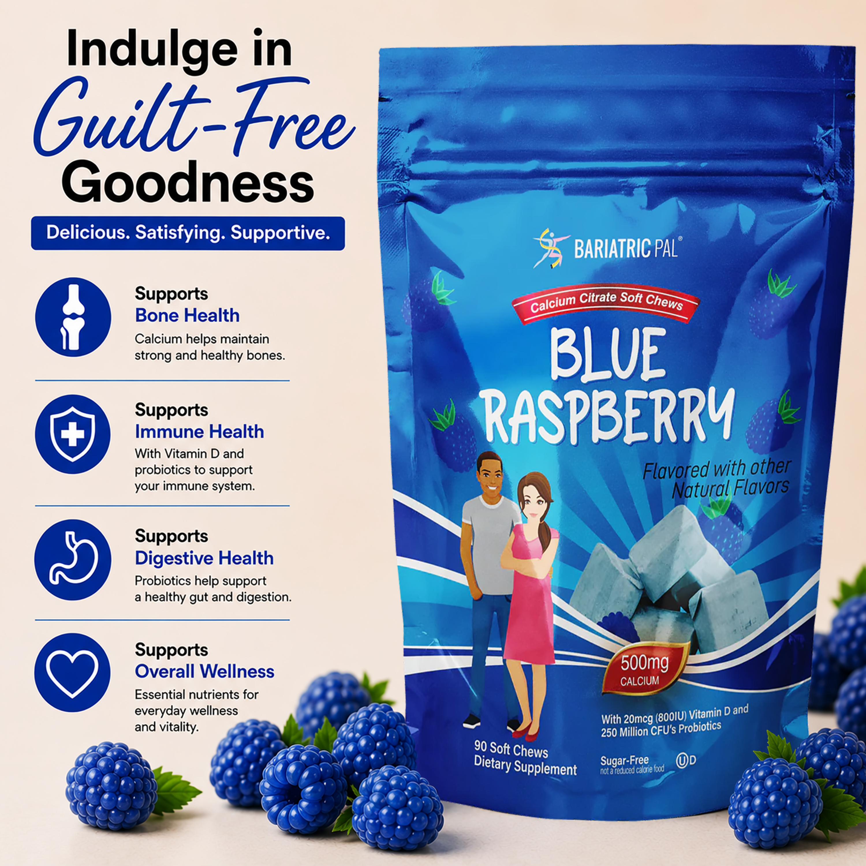 A blue stand-up pouch of BariatricPal Blue Raspberry flavored calcium soft chews is shown on a white background with promotional text and icons. The package is blue with raspberry imagery.