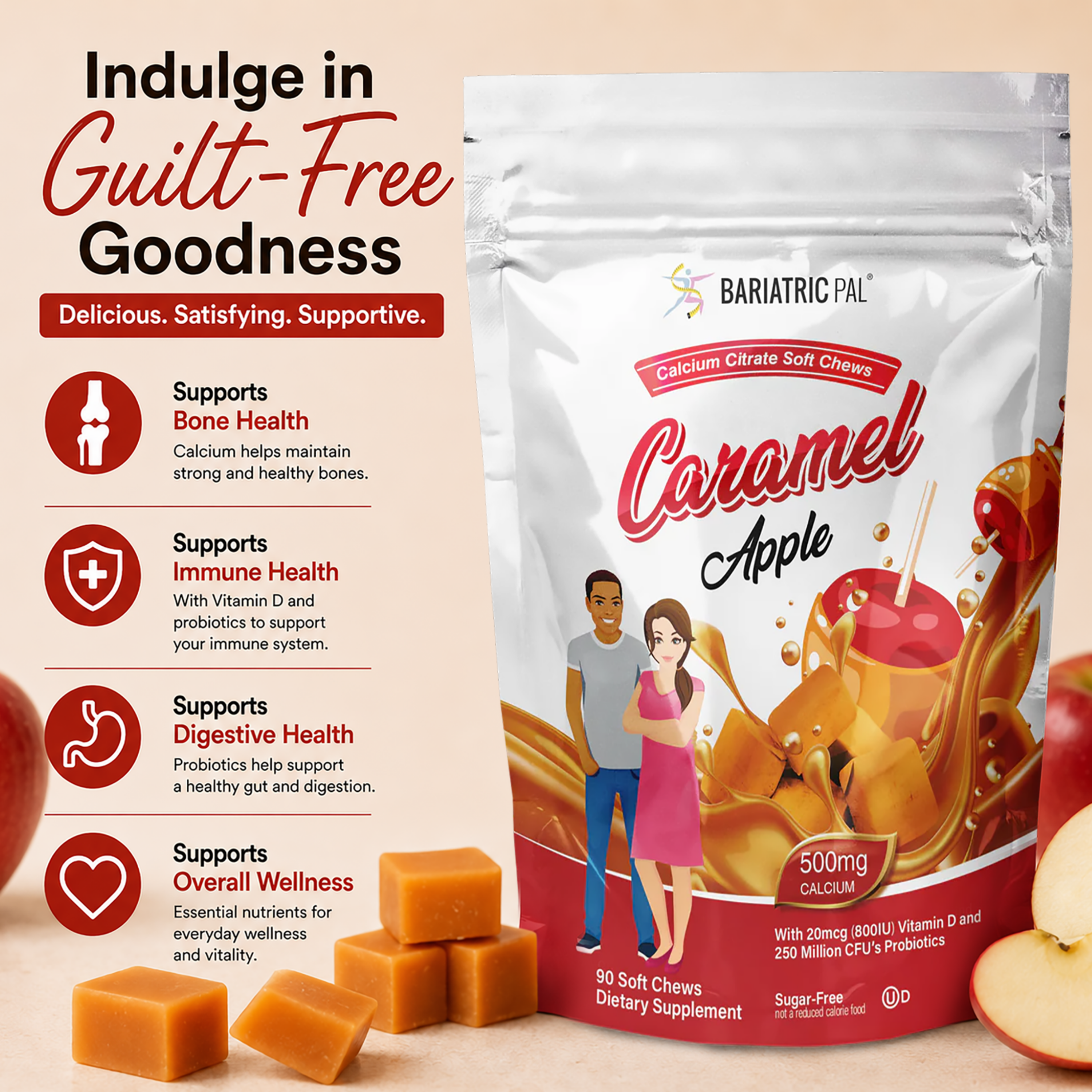 A stand-up pouch of BariatricPal Caramel Apple dietary supplement shown on a beige promotional background with marketing text and apple/caramel graphics. The package is white and red with caramel-colored apple imagery and a small illustrated couple on the front.