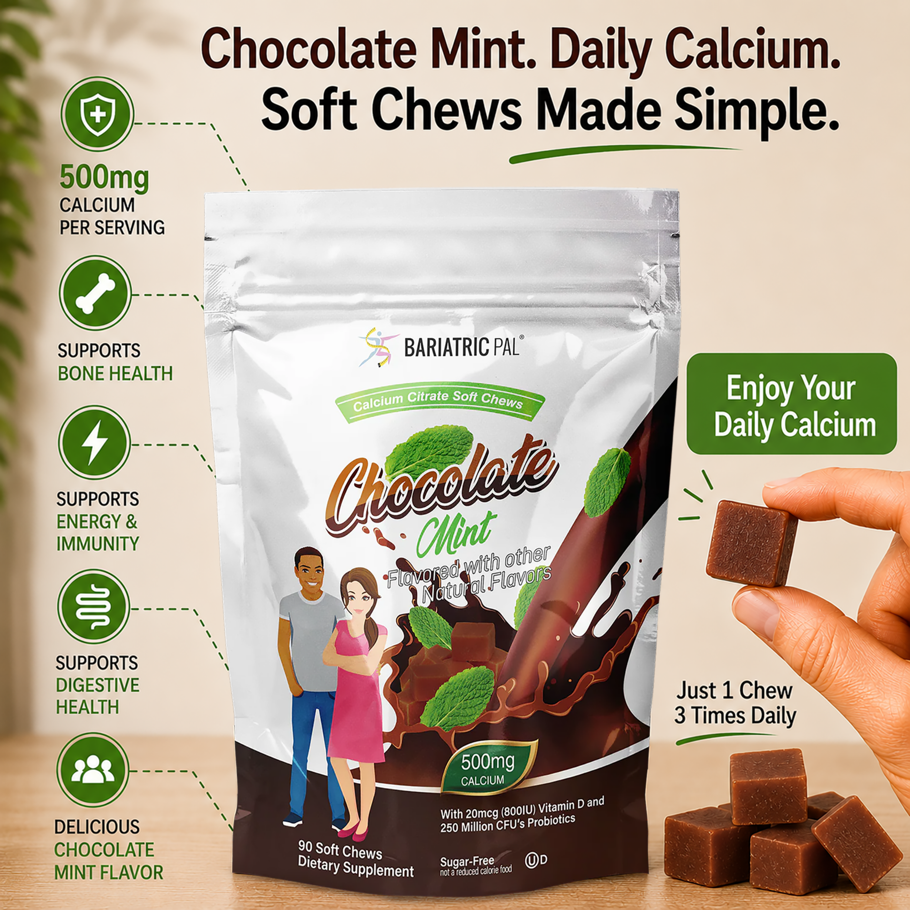 BariatricPal Chocolate Mint Calcium Citrate Soft Chews with 500 mg calcium, vitamin D, and probiotics. Sugar-free with 90 individually wrapped soft chews.