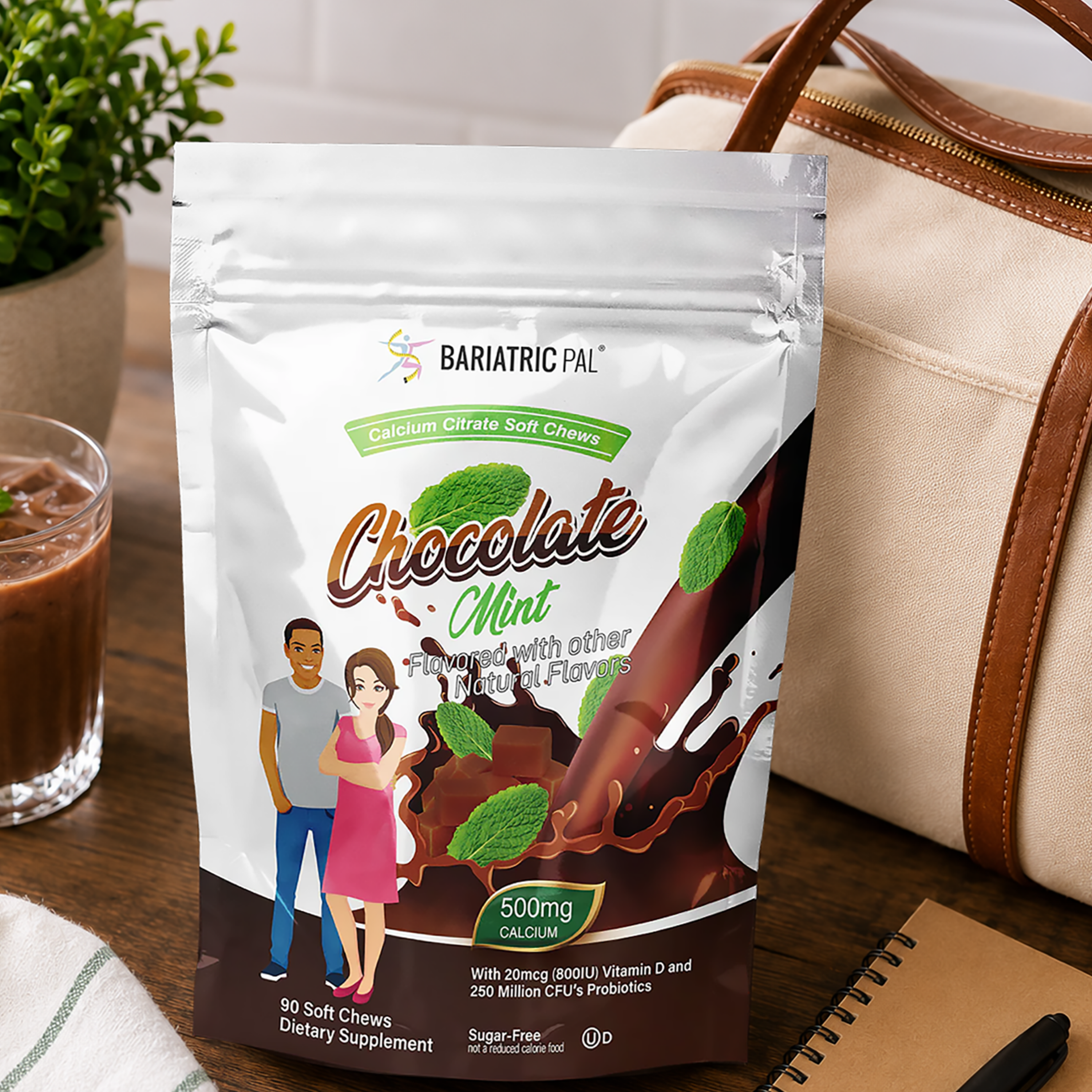 BariatricPal Chocolate Mint Calcium Citrate Soft Chews with 500 mg calcium, vitamin D, and probiotics. Sugar-free with 90 individually wrapped soft chews.