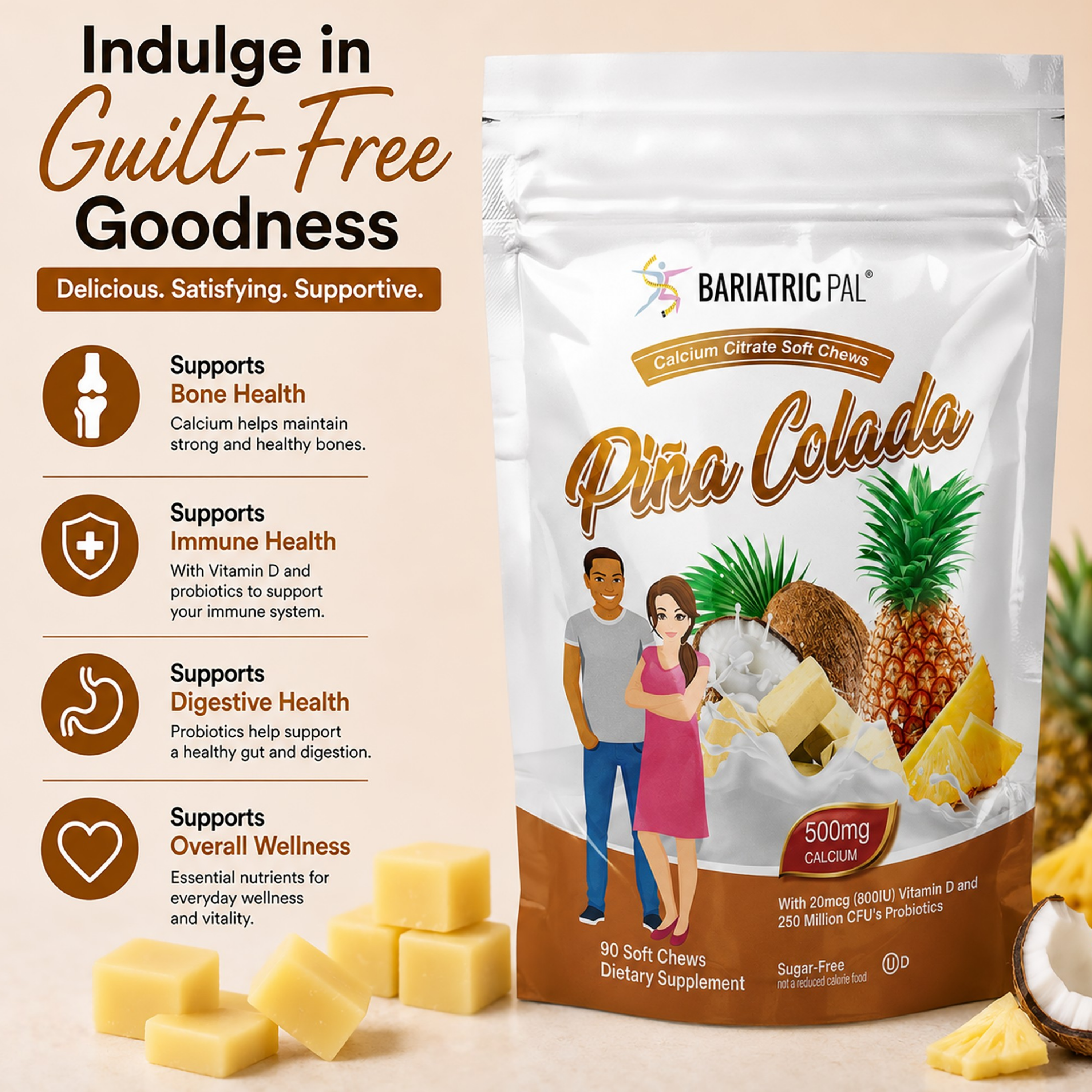 A stand-up pouch of BariatricPal Pina Colada Calcium Citrate Soft Chews shown on a white background with promotional text and icons on the left. The pouch is white and brown with pineapple, mango, and pina colada illustrations.
