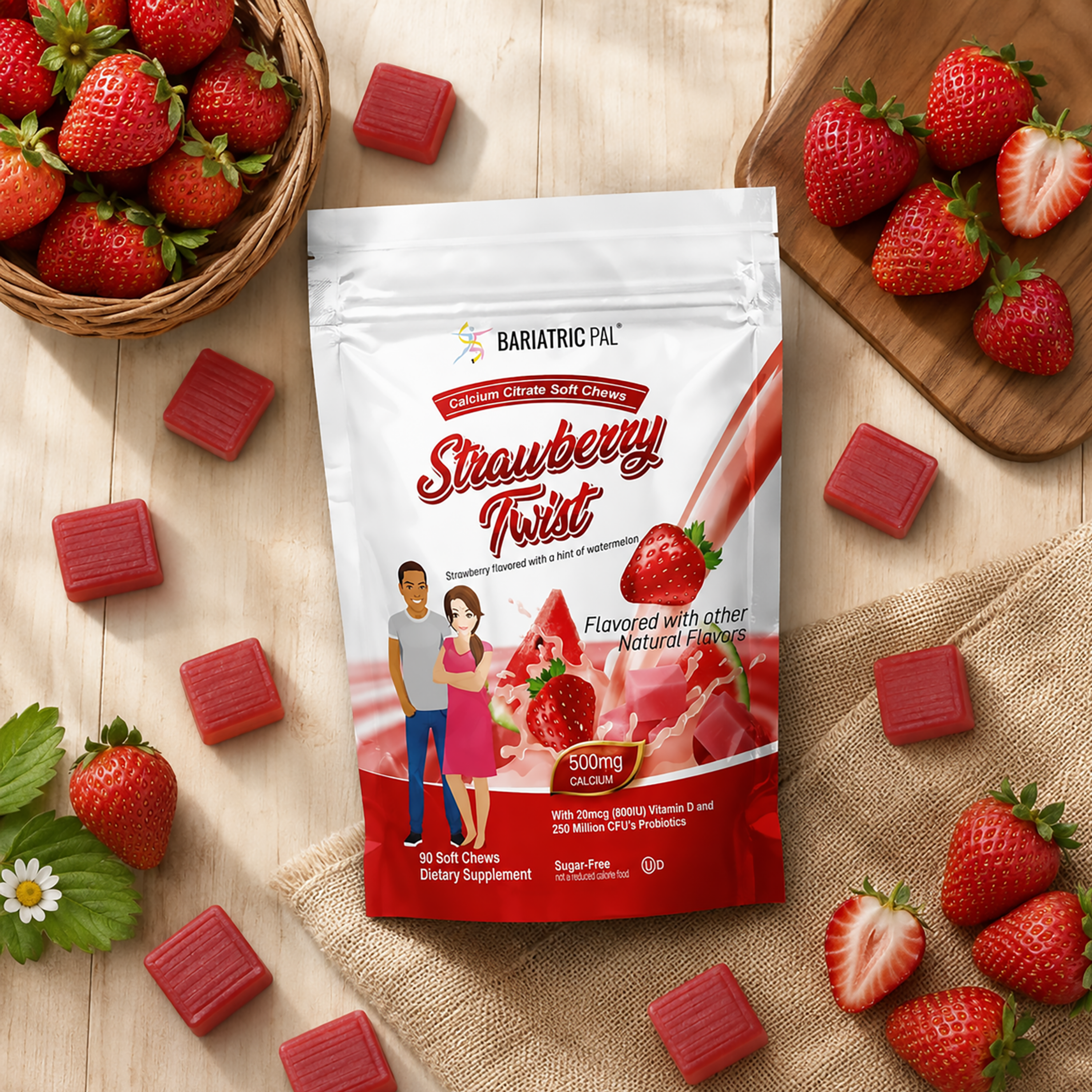Bag of BariatricPal Strawberry Watermelon Twist Calcium Citrate Soft Chews provide 500 mg of calcium per chew and support bone, immune and digestive health. 90 count