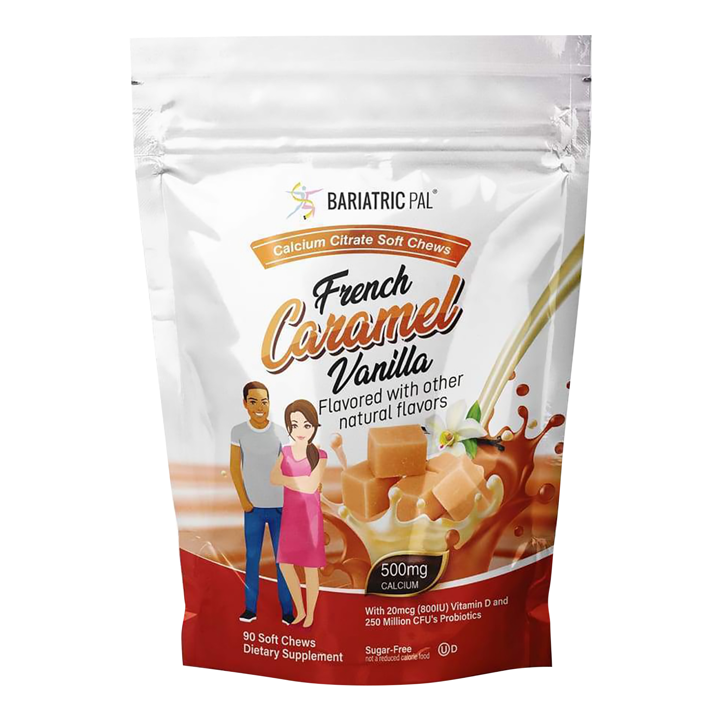 BariatricPal French Caramel Vanilla Calcium Citrate Soft Chews with 500 mg calcium, vitamin D and probiotics. Sugar-free, 90-count bag.