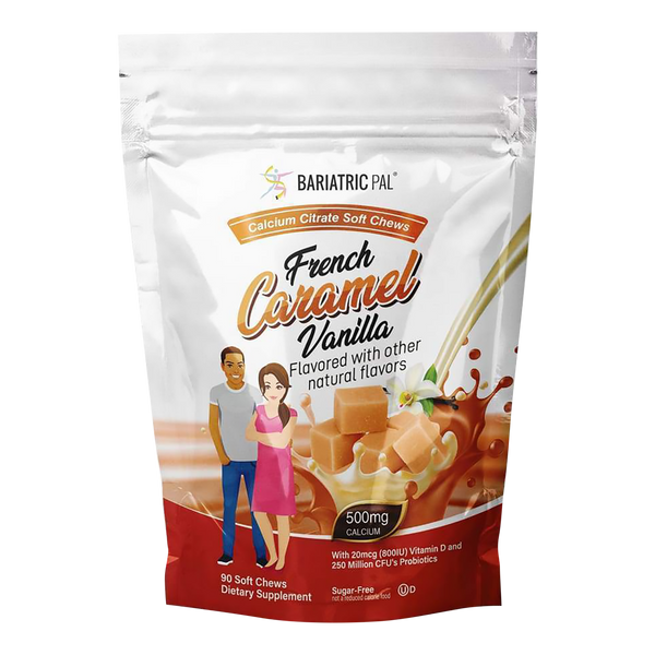 BariatricPal French Caramel Vanilla Calcium Citrate Soft Chews with 500 mg calcium, vitamin D and probiotics. Sugar-free, 90-count bag.