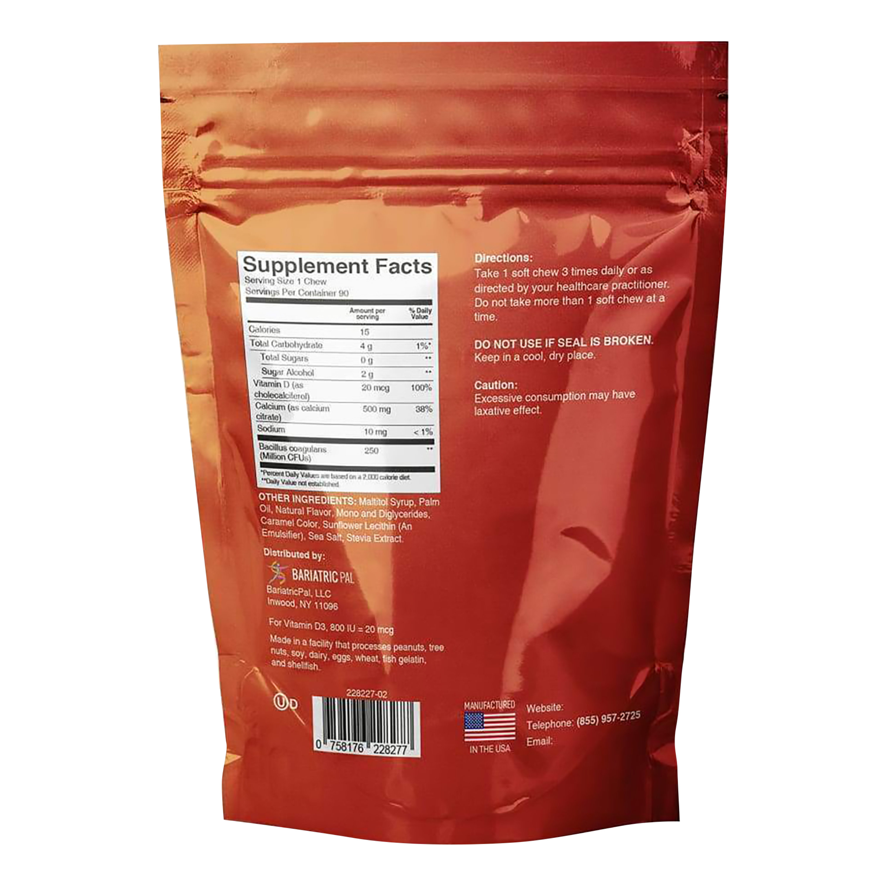 BariatricPal French Caramel Vanilla Calcium Citrate Soft Chews with 500 mg calcium, vitamin D and probiotics. Sugar-free, 90-count bag. Back of bag.