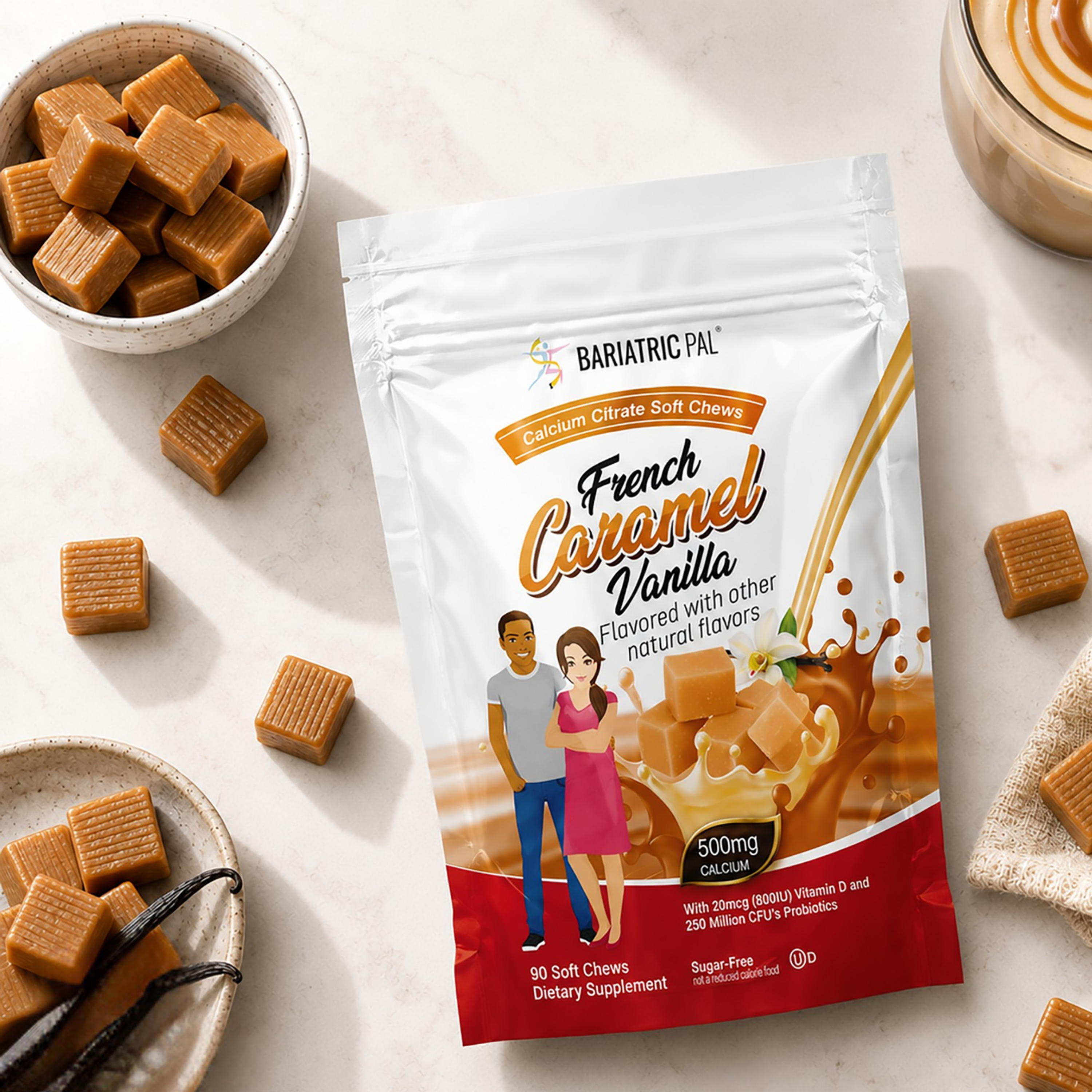 BariatricPal French Caramel Vanilla Calcium Citrate Soft Chews with 500 mg calcium, vitamin D and probiotics. Sugar-free, 90-count bag.