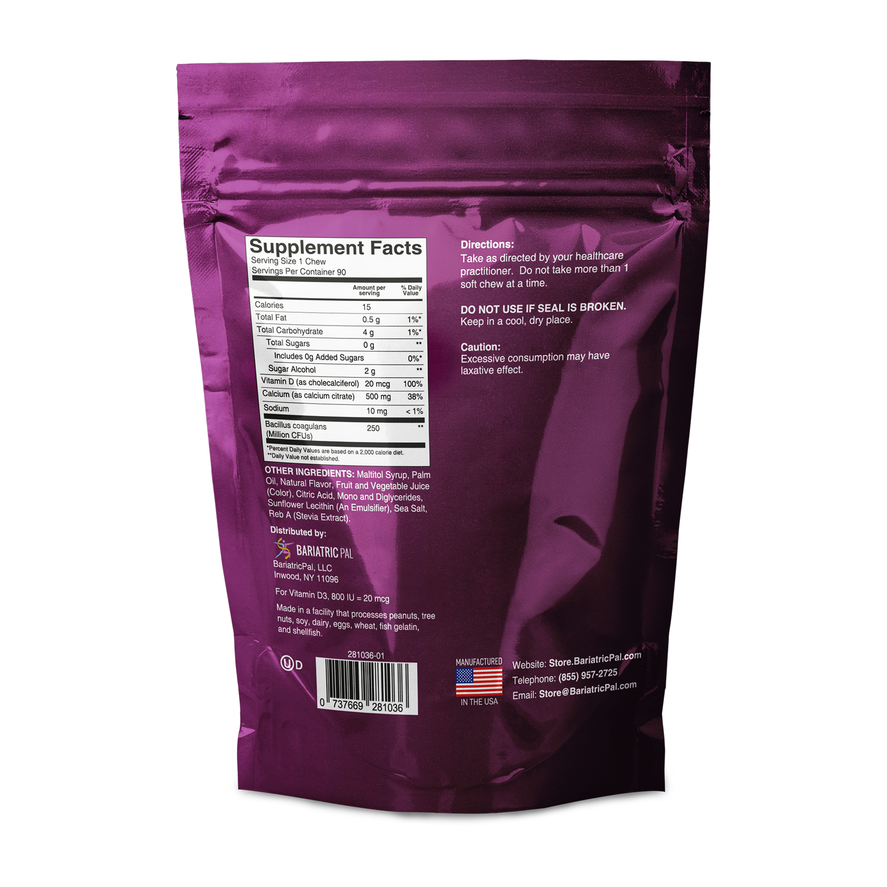 The back of a metallic purple stand-up pouch package, showing the Supplement Facts label, directions, and branding for BariatricPal. 