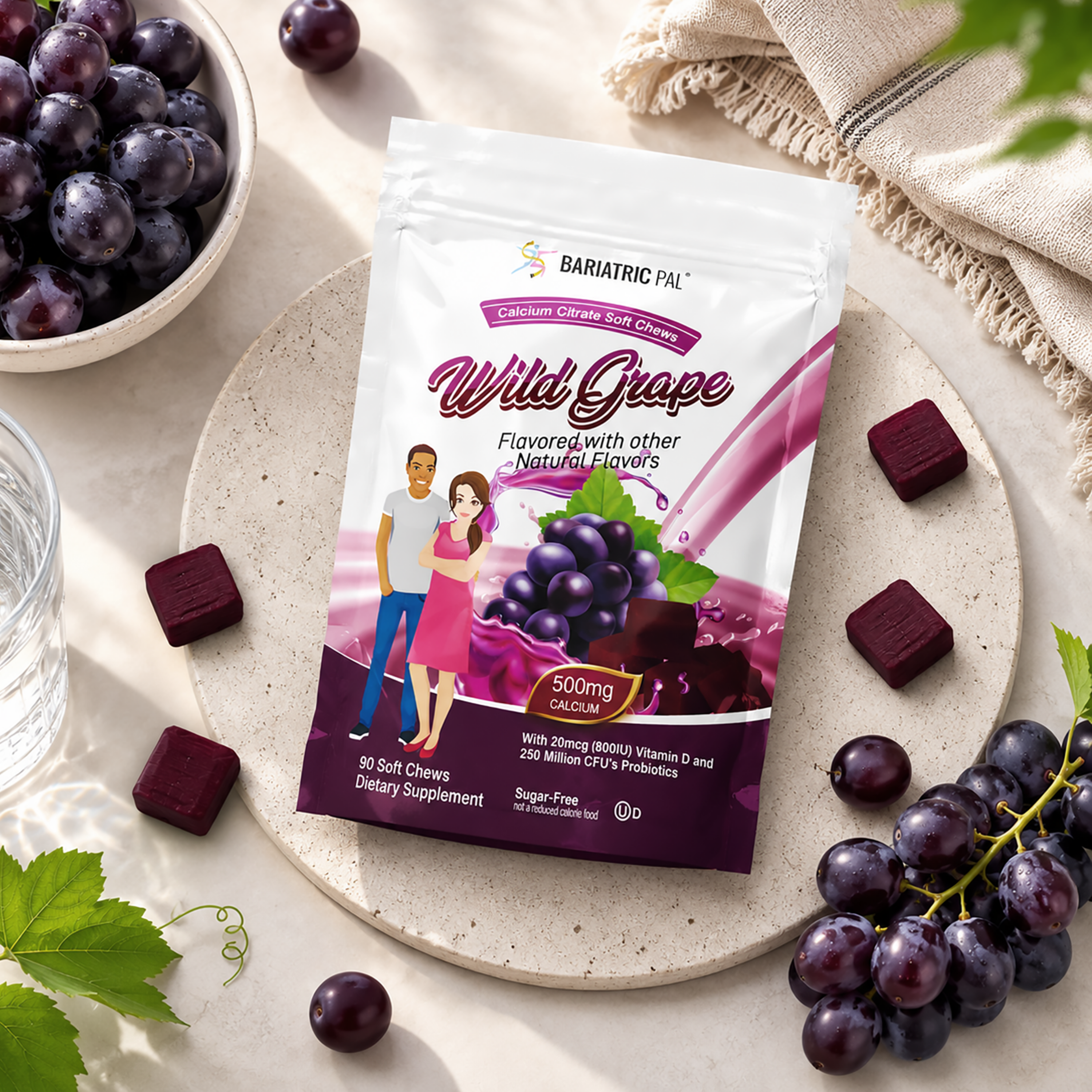 A stand-up pouch of BariatricPal Wild Grape dietary supplement is displayed on a round stone plate, surrounded by dark grape soft gels, loose grapes, and a glass of water on a neutral beige surface.