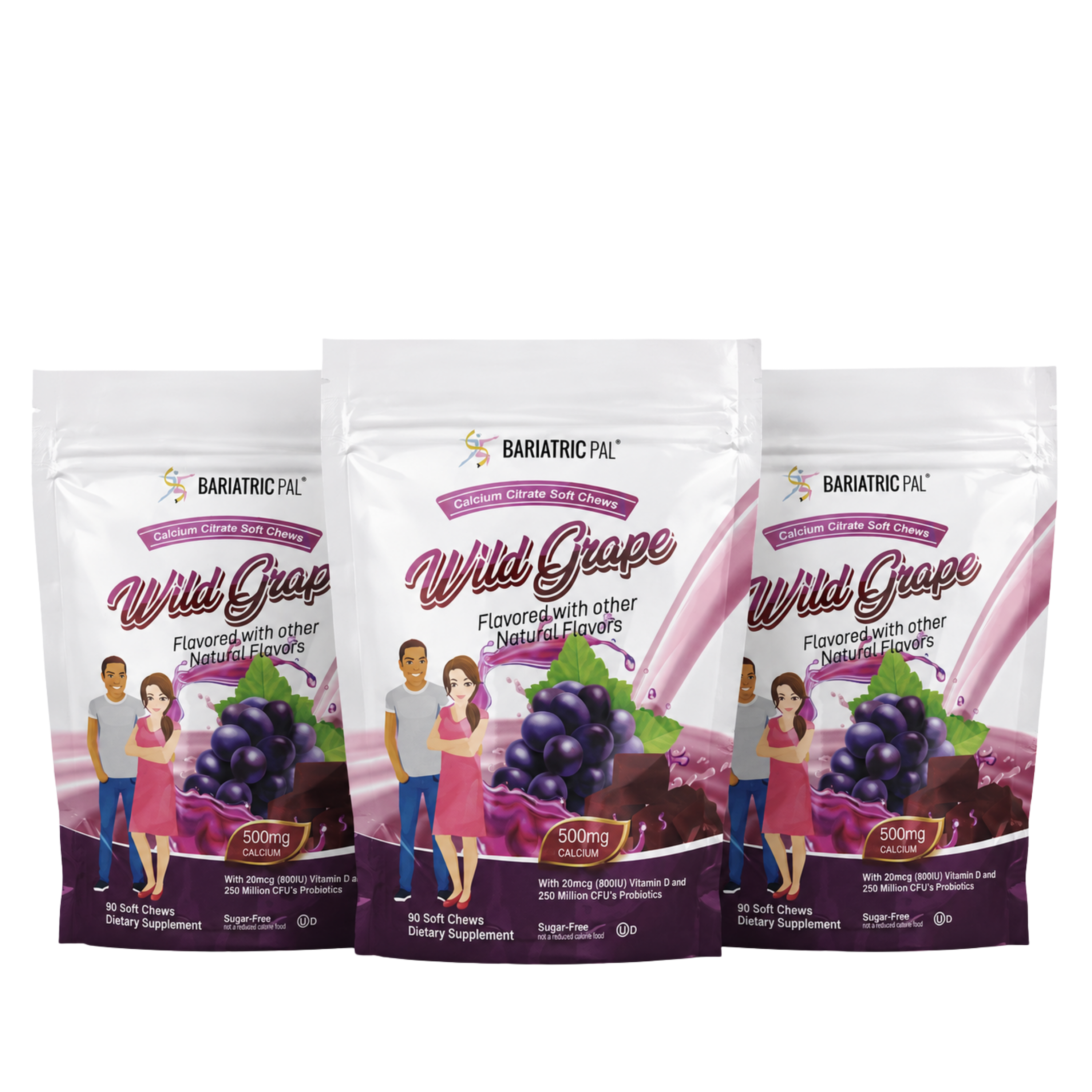 Three packages of Bariatric Pal Wild Grape calcium citrate soft chews are displayed, featuring a man and a woman holding grapes, highlighting the product's flavor and dietary benefits.