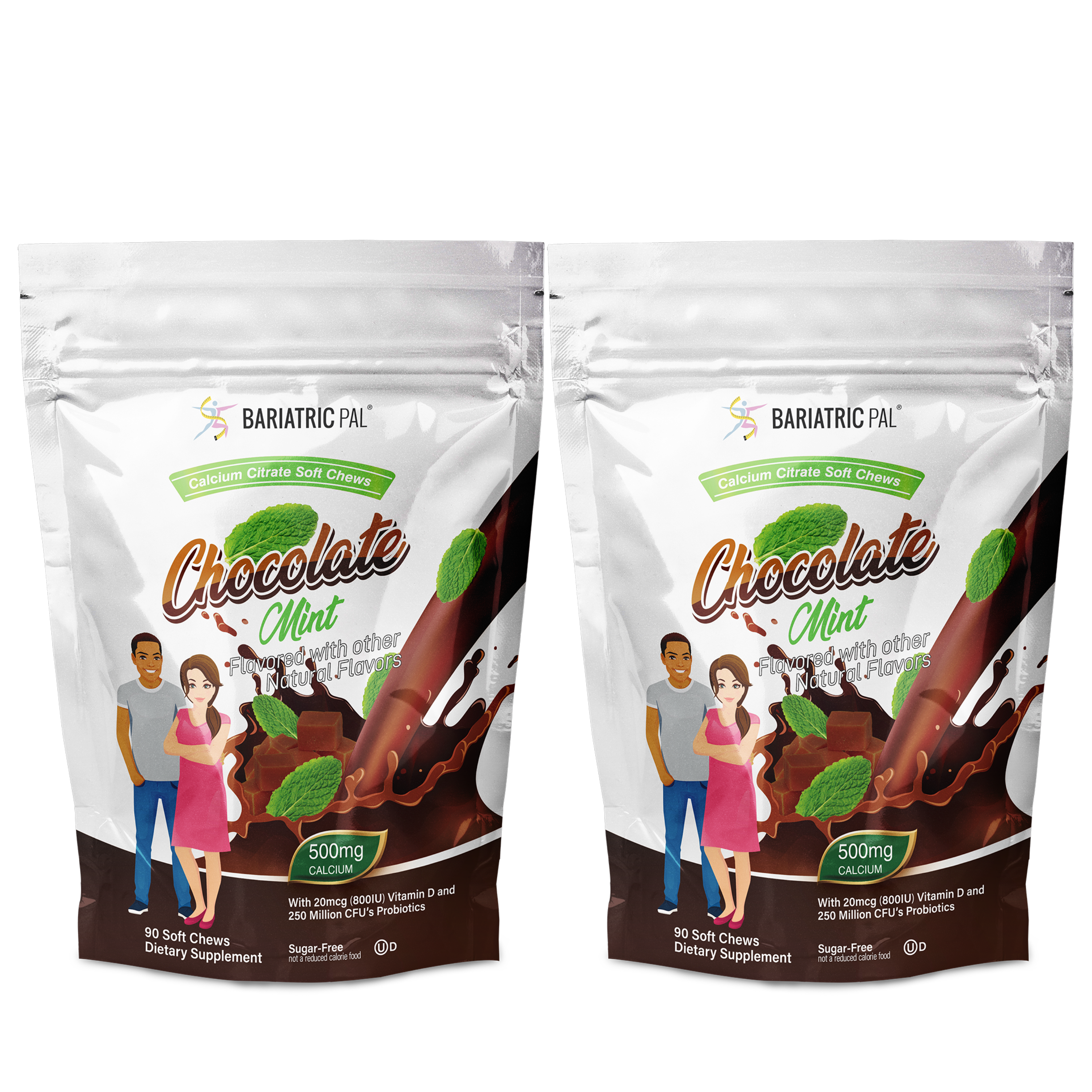 Two identical packages of Bariatric Pal Chocolate Mint Calcium Citrate Soft Chews are displayed, featuring a man and woman smiling beside the product, which highlights its dietary supplement benefits.