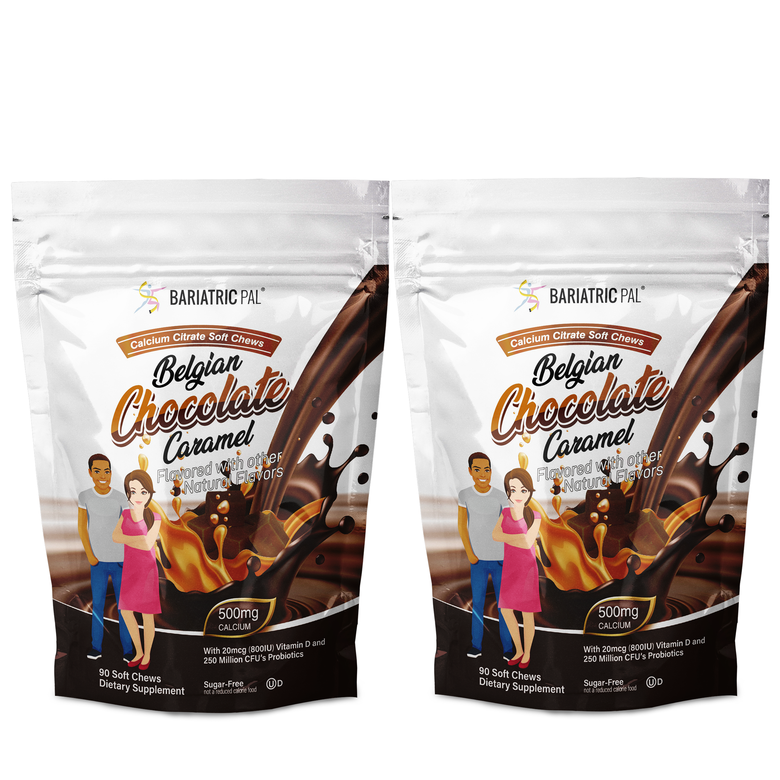 Two packages of Bariatric Pal Belgian Chocolate Caramel calcium citrate soft chews are displayed, featuring a man and a woman standing beside the product, highlighting its dietary supplement benefits.