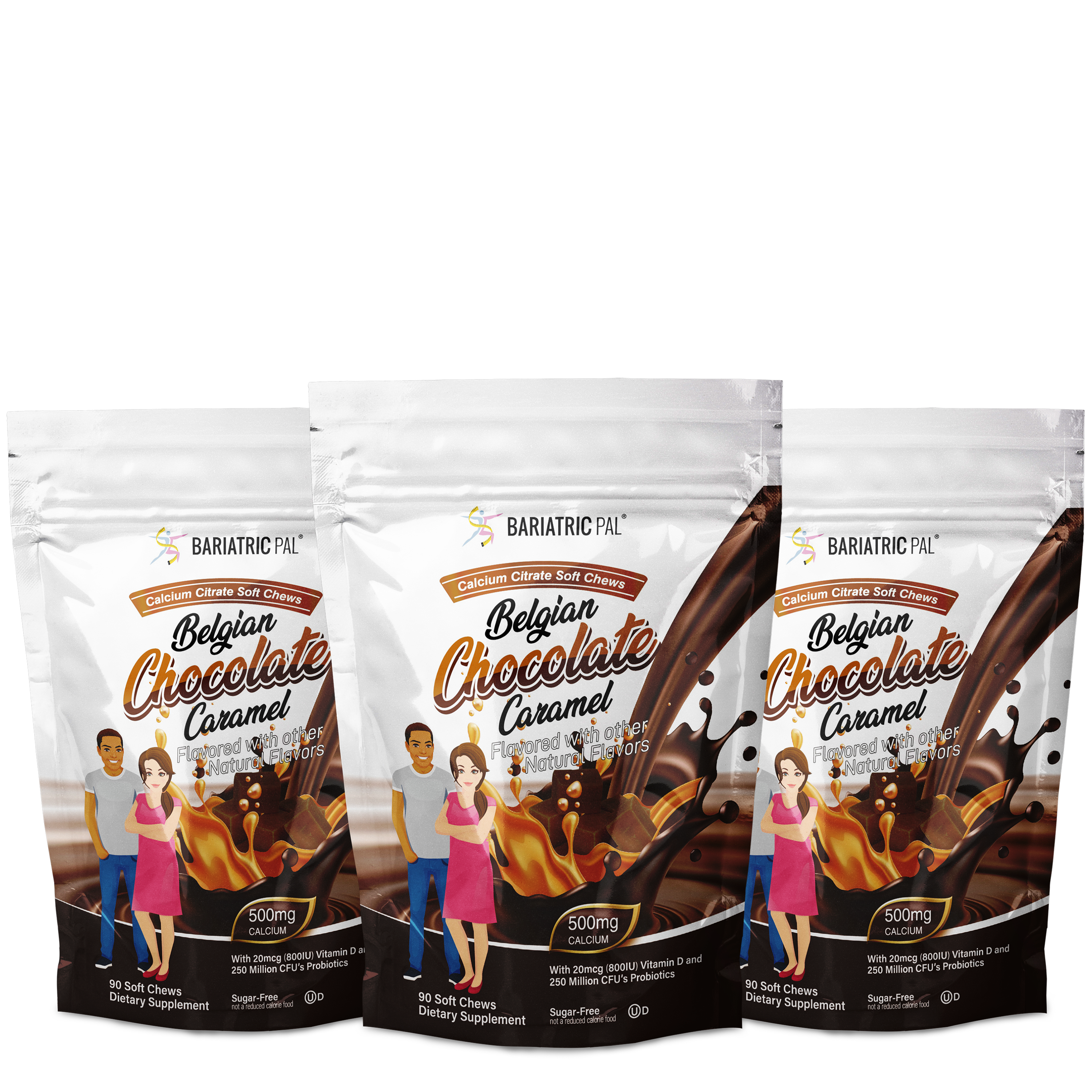 Three bags of Bariatric Pal Belgian Chocolate Caramel calcium citrate soft chews are displayed, featuring a man and a woman holding the product, with chocolate splashes in the background.
