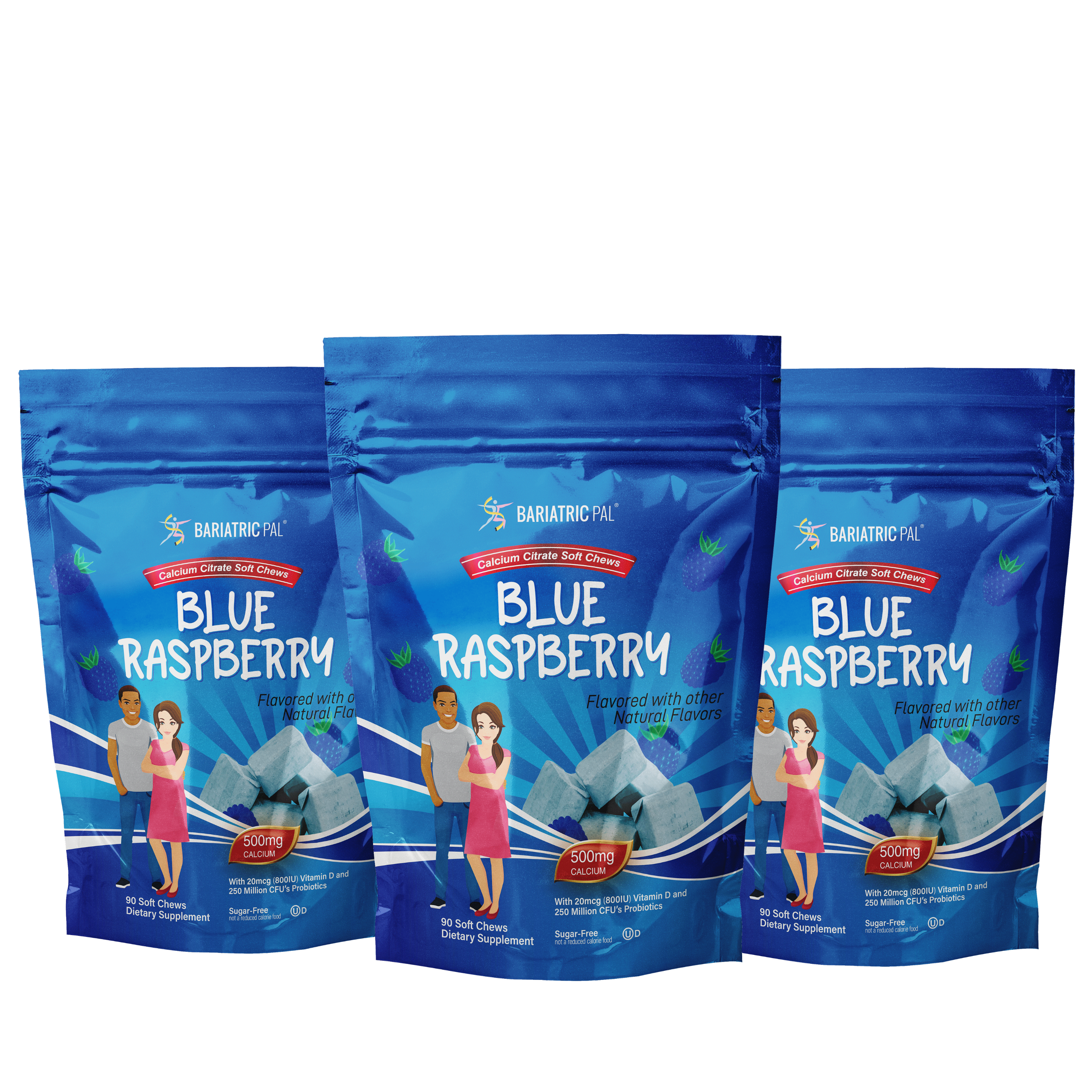 Three packages of Bariatric Pal Blue Raspberry calcium citrate soft chews are displayed, featuring a blue background, product details, and illustrations of a man and woman holding the product.