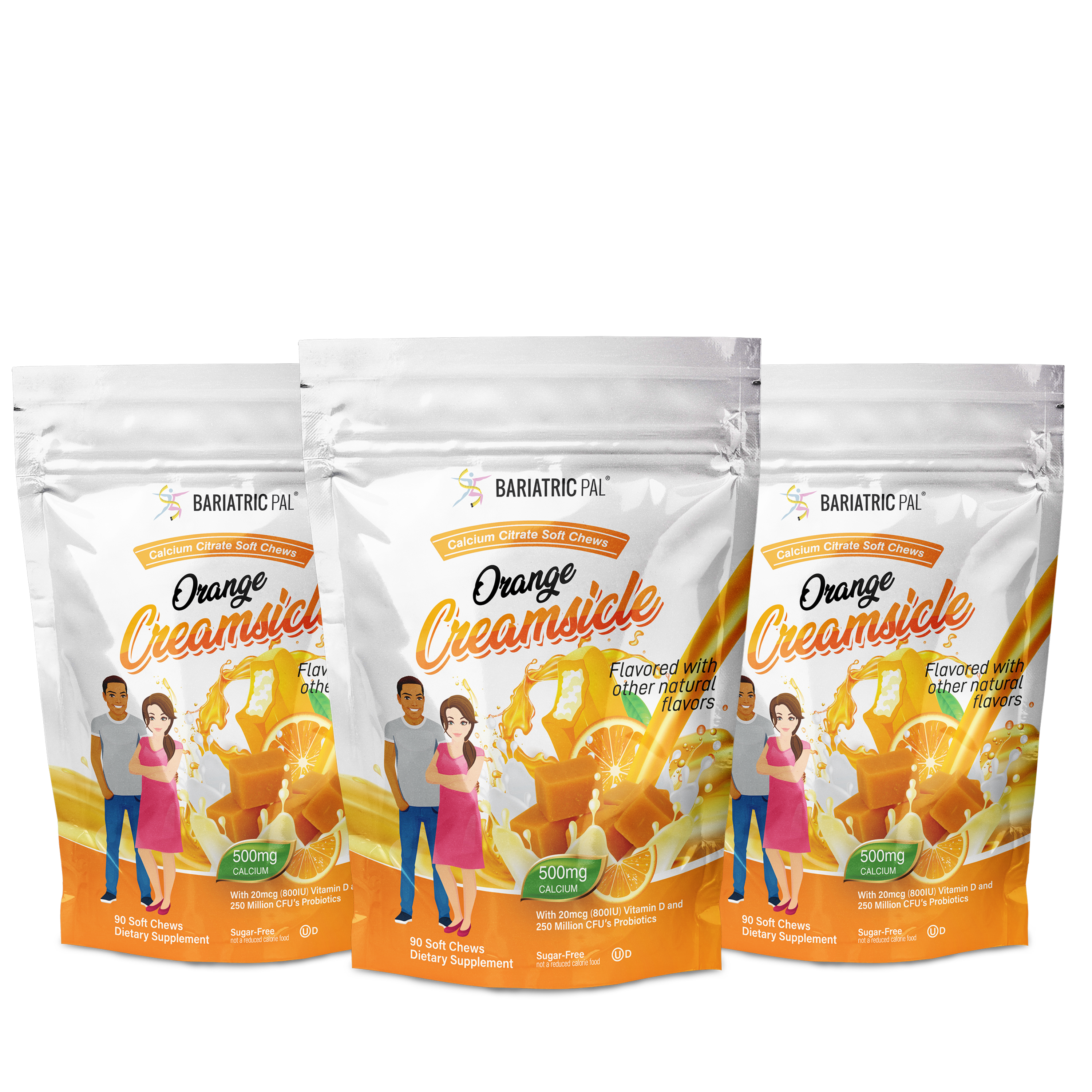 Three packages of "Orange Creamsicle" calcium citrate soft chews are displayed, featuring a man and a woman smiling beside the product, highlighting its flavor and dietary supplement benefits.