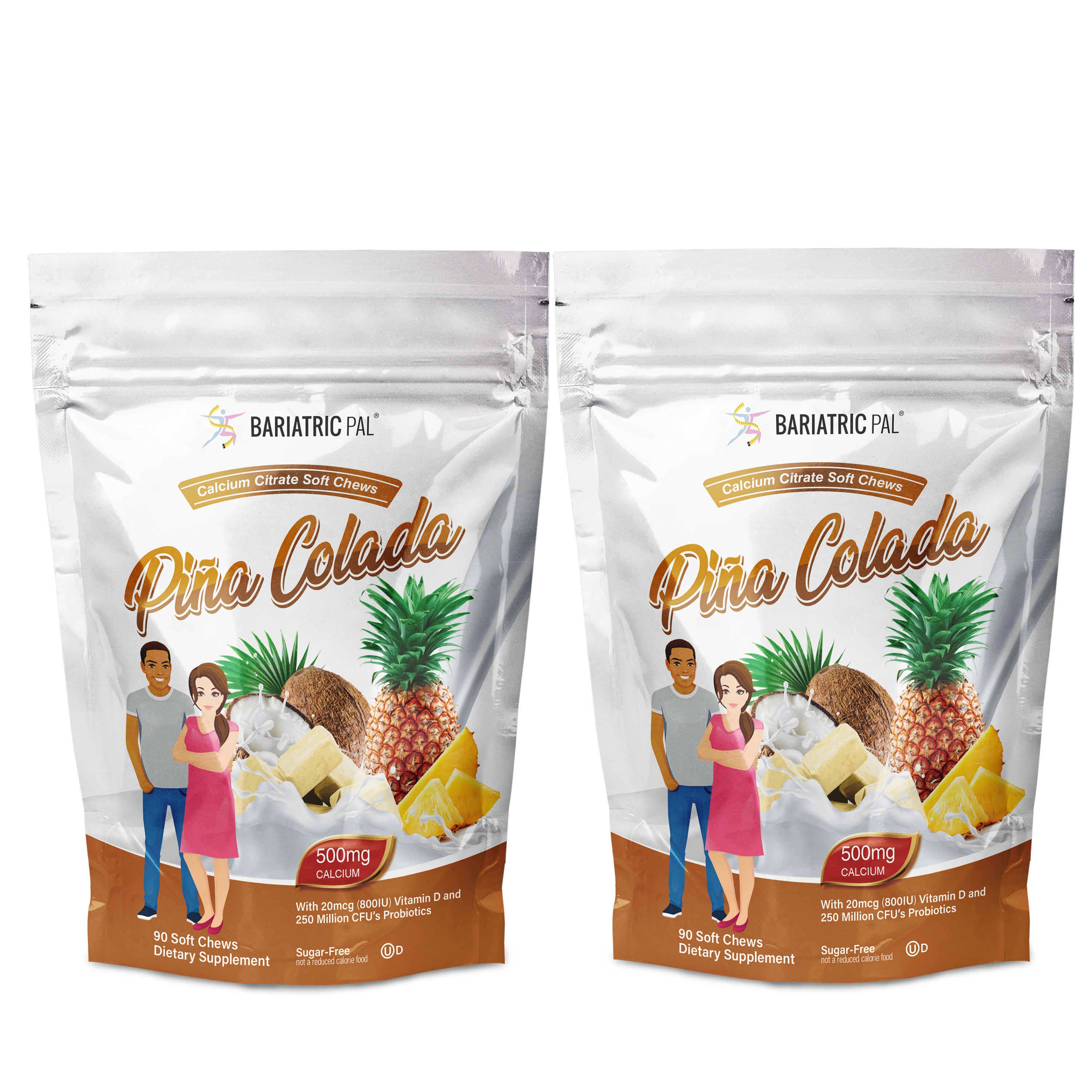 Two packages of Bariatric Pal Piña Colada calcium citrate soft chews feature a man and a woman smiling, surrounded by tropical fruits like pineapple and coconut, highlighting the product's dietary benefits.