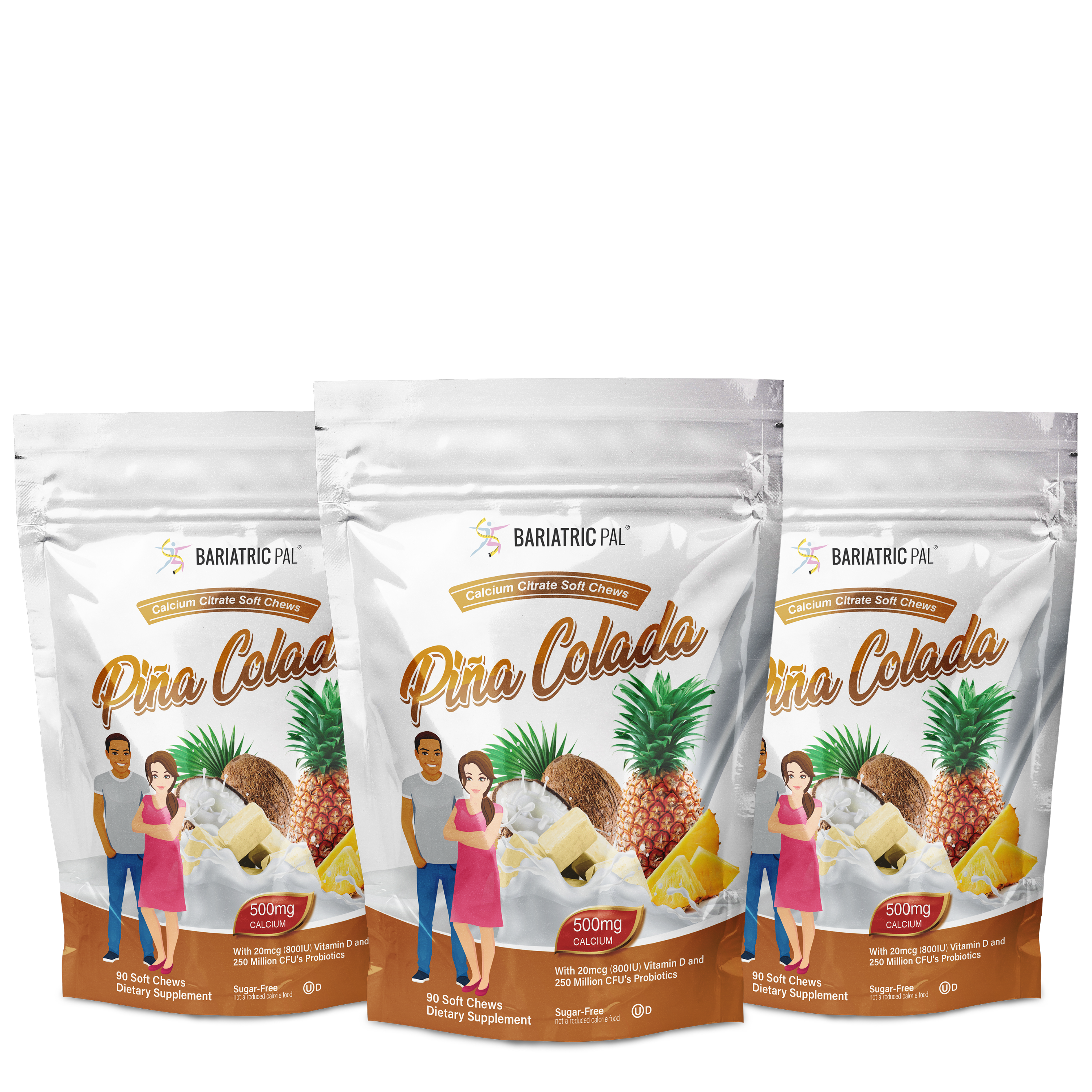 Three bags of Bariatric Pal Pina Colada calcium citrate soft chews are displayed, featuring a man and a woman holding fruit and ice cream, highlighting the product's dietary supplement benefits.