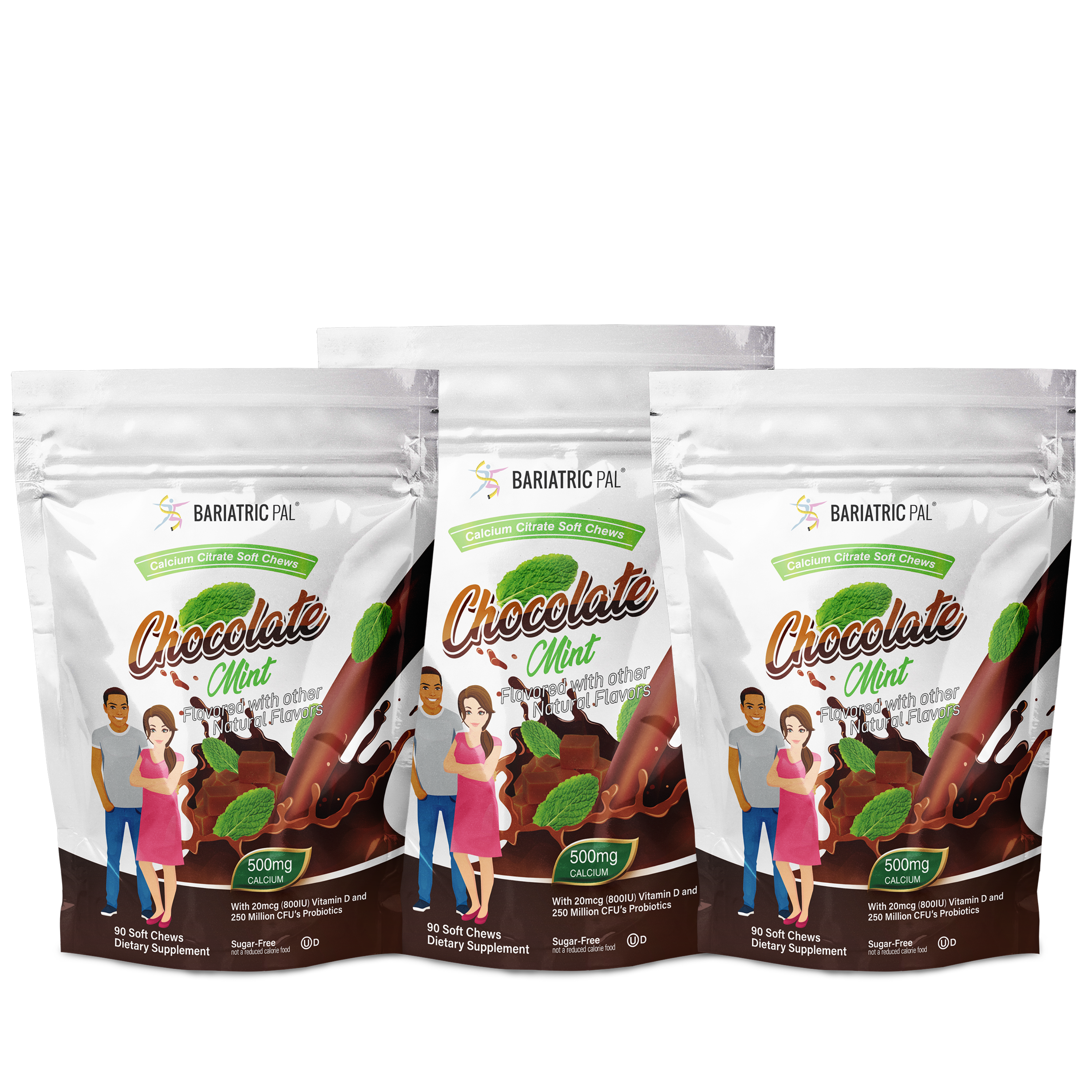 Three pouches of Bariatric Pal Chocolate Mint calcium citrate soft chews are displayed, featuring illustrations of a man and a woman holding the product, with chocolate and mint graphics in the background.