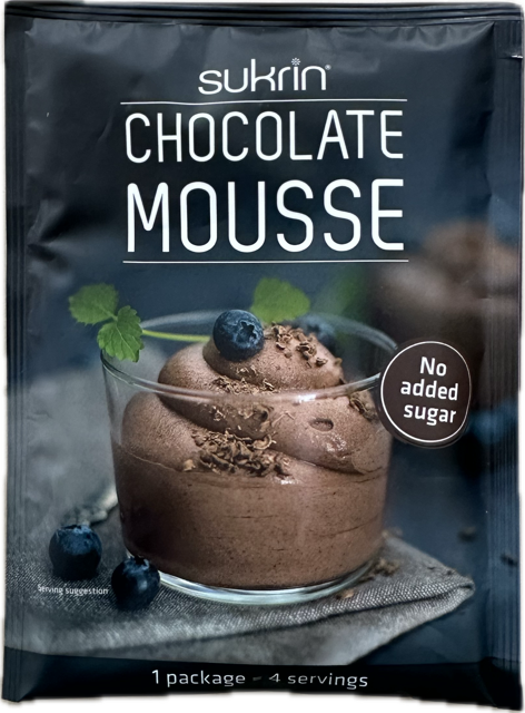 A package of Sukrin chocolate mousse is displayed, featuring a glass dessert topped with blueberries and chocolate shavings, with a label stating "No added sugar" and indicating it serves four.