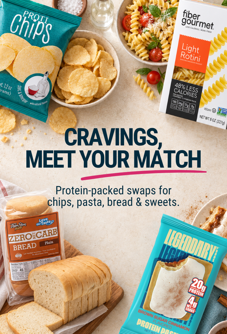 A variety of protein-packed food products, including chips, pasta, bread, and a protein bar, are displayed on a light surface with fresh ingredients and seasonings, emphasizing healthier snack options.
