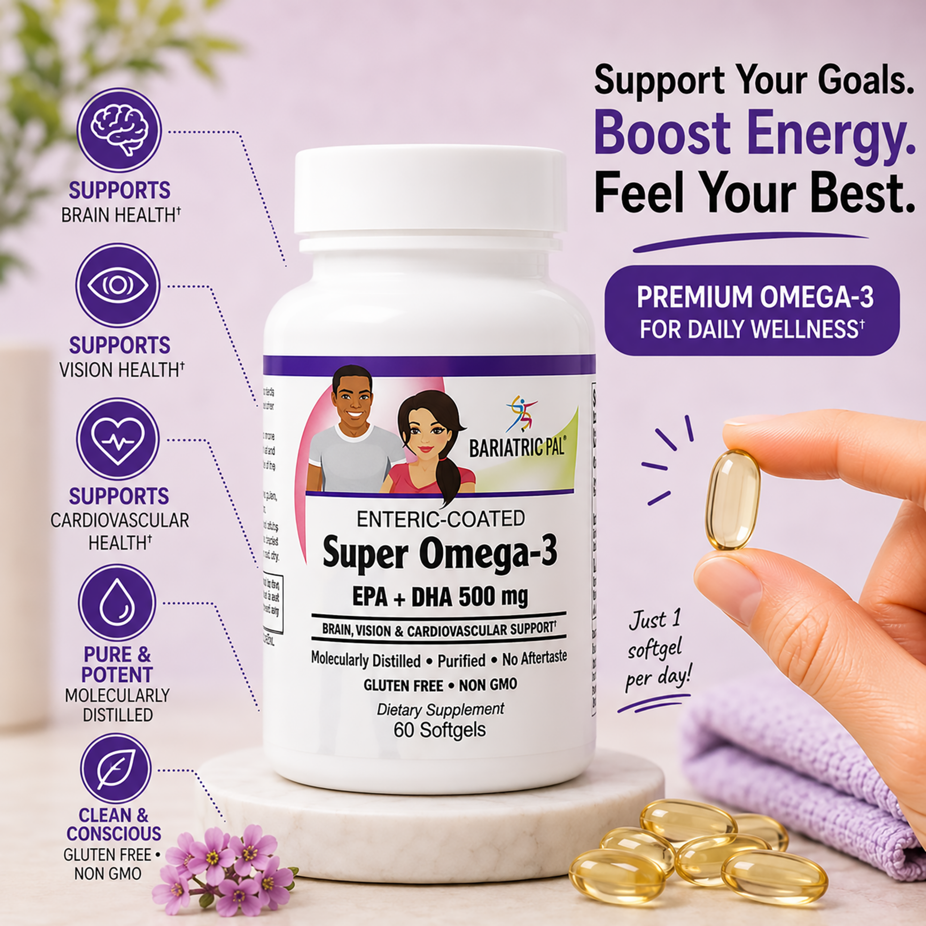 BariatricPal Super Omega-3 with EPA + DHA, 500 mg, 60 Enteric-Coated Softgels. Just one softgel per day.