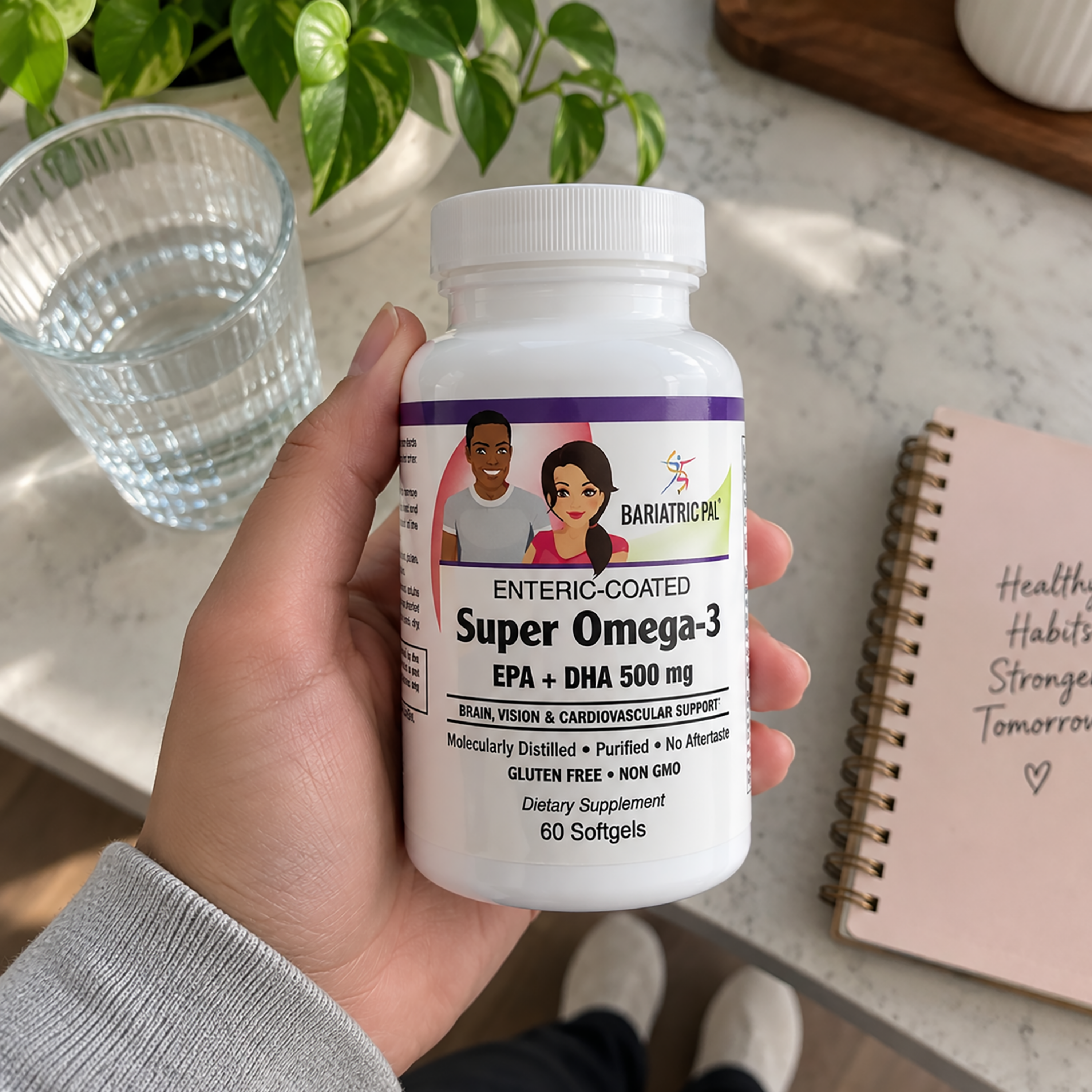 Woman holding bottle of BariatricPal Super Omega-3 with EPA + DHA, 500 mg, 60 Enteric-Coated Softgels
