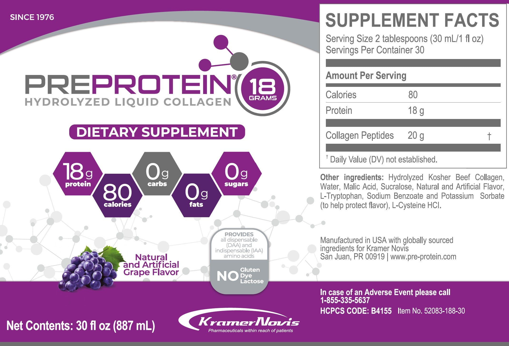 A product label for PreProtein Hydrolyzed Liquid Collagen, highlighting dietary supplement facts including 18 grams of protein, 80 calories, and featuring a grape flavor illustration.