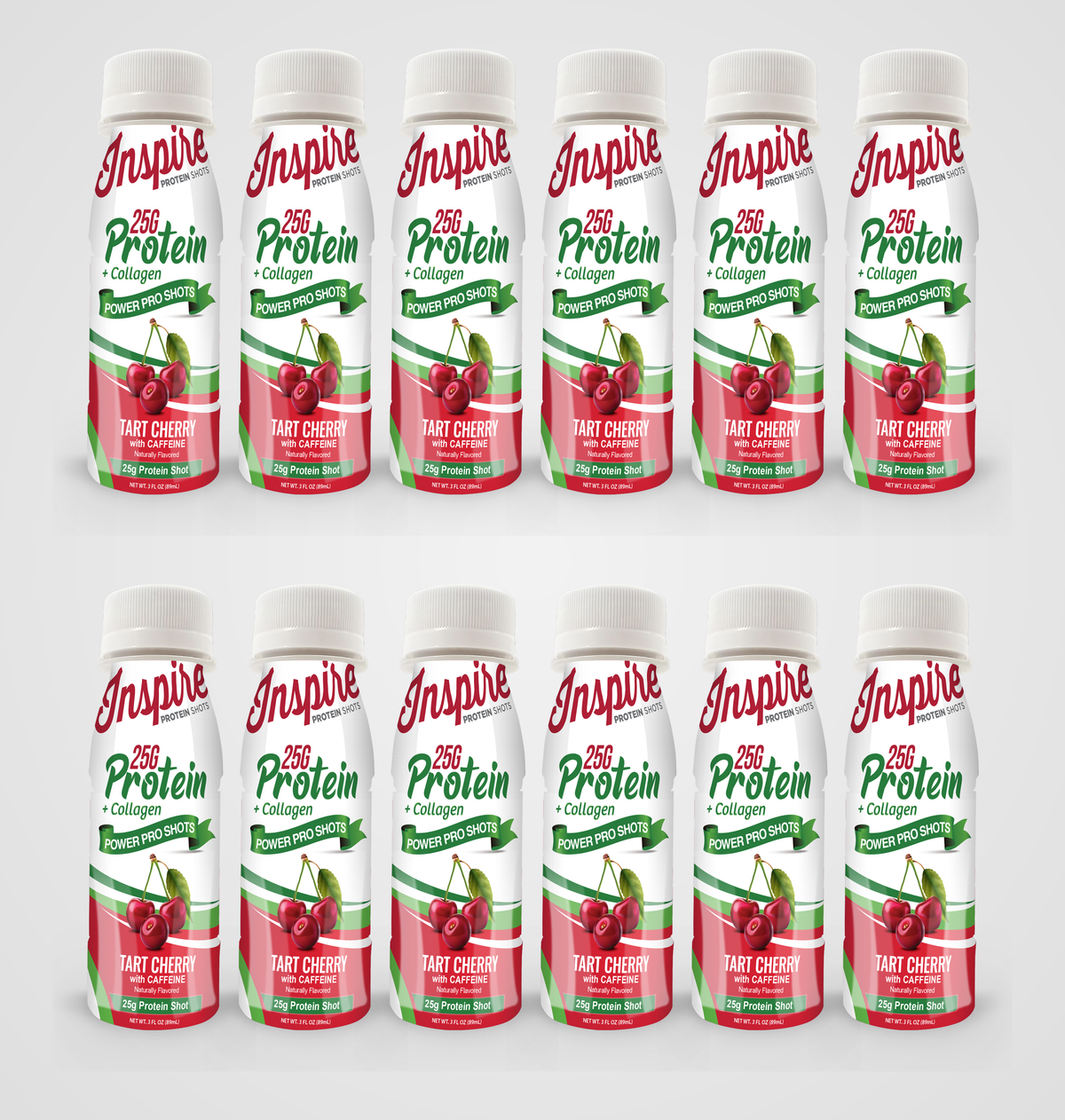 Twelve bottles of Inspire Protein + Collagen in Tart Cherry flavor are arranged in two rows, each featuring a white cap and vibrant labels highlighting 25 grams of protein and caffeine.