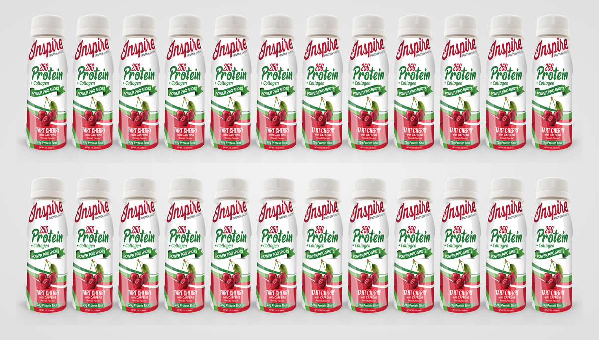 A grid of 24 protein shot bottles labeled "Inspire" featuring tart cherry flavor, each containing 25g of protein and collagen, set against a plain background.