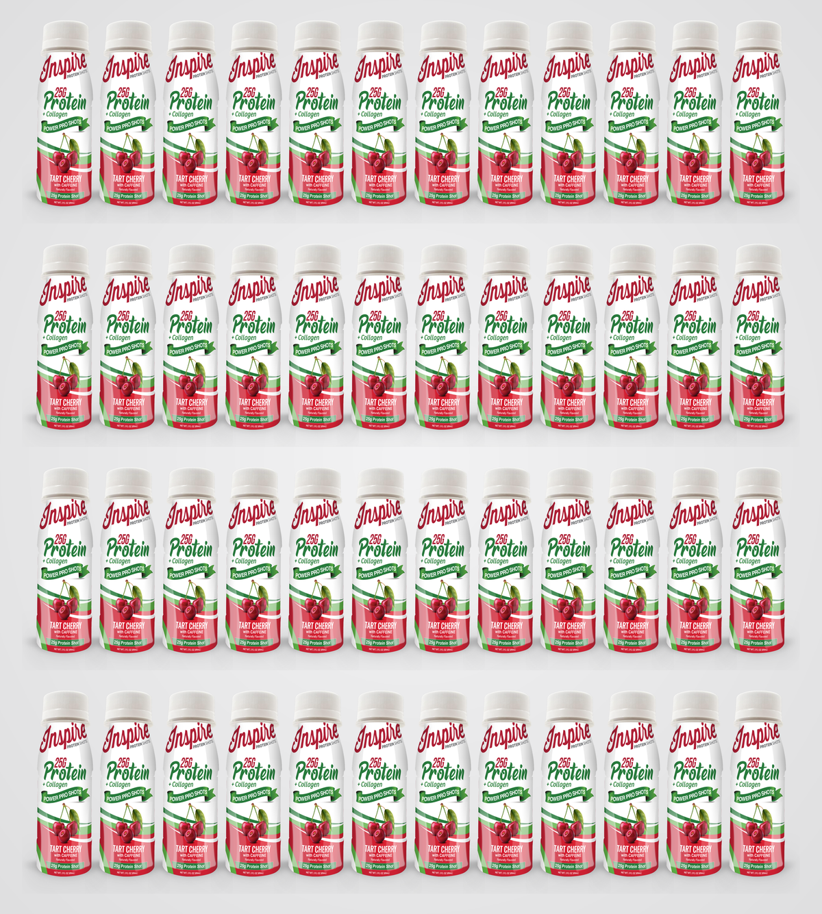 A neatly arranged grid of protein supplement cans labeled "Inspire 256 Protein" in tart cherry flavor, showcasing bright red and green colors against a light background.